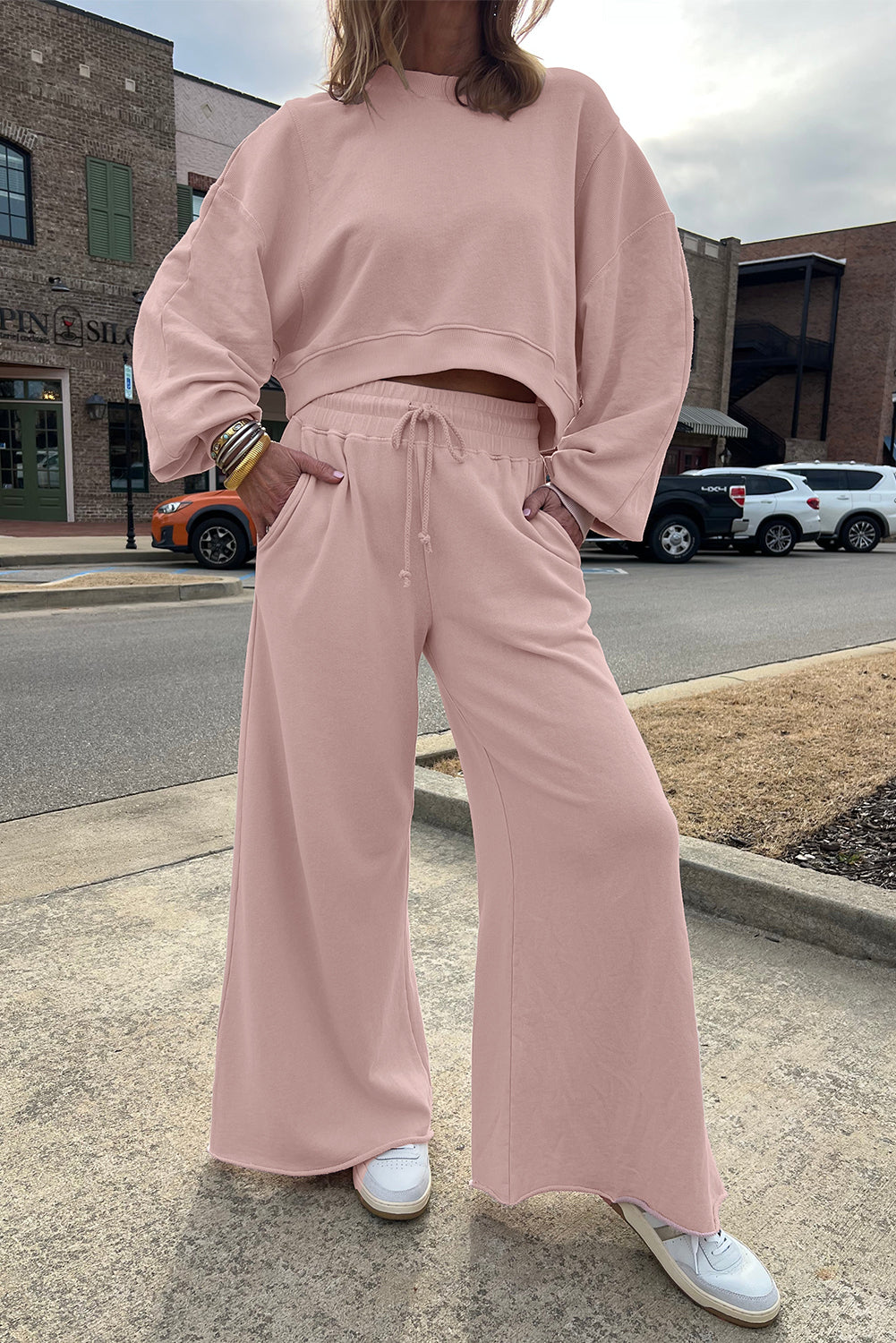 Drop Shoulder Crop Pullover Drawstring Wide Leg Trouser Set