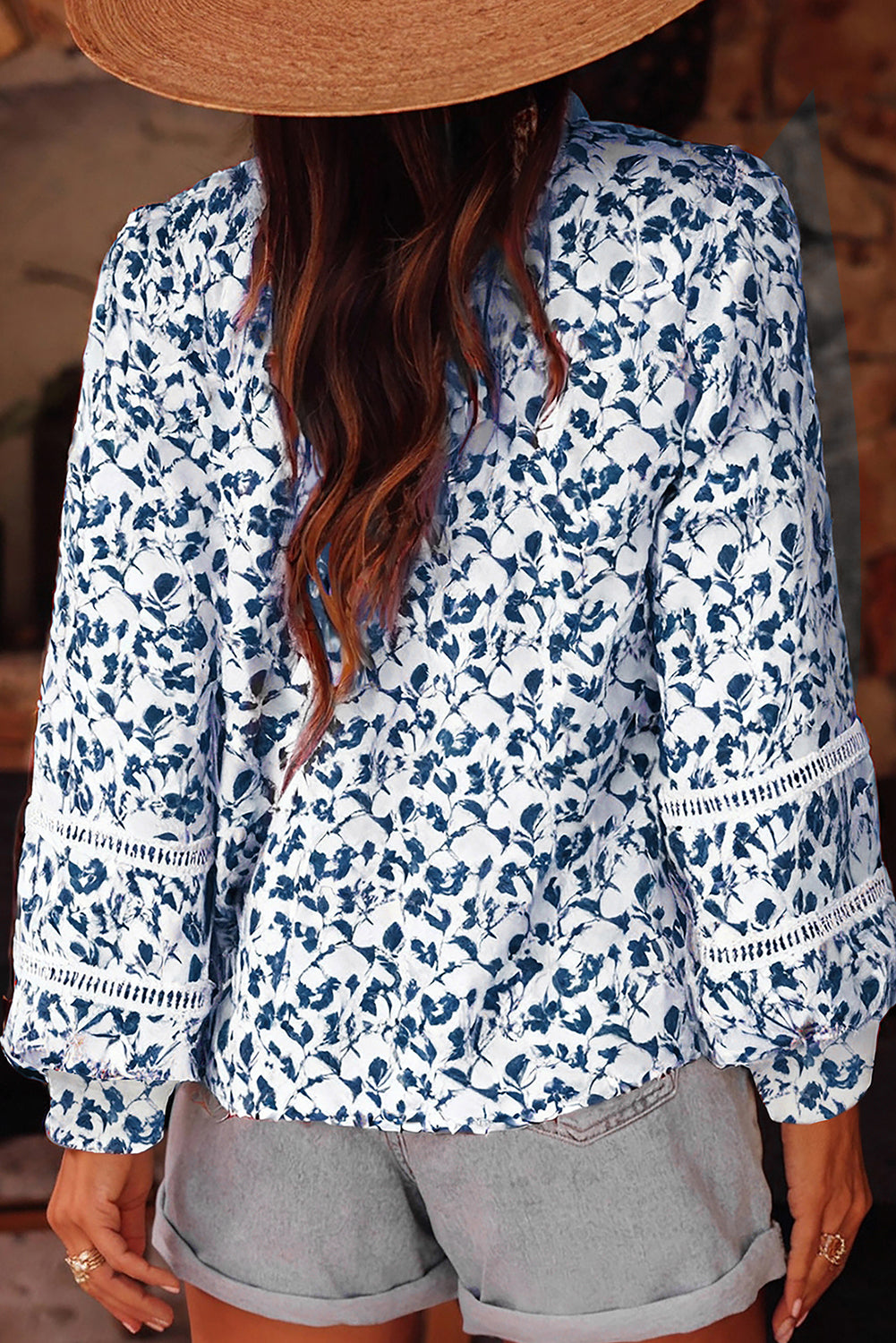 Printed Floral Print Lace Detail Puff Sleeve Shirt