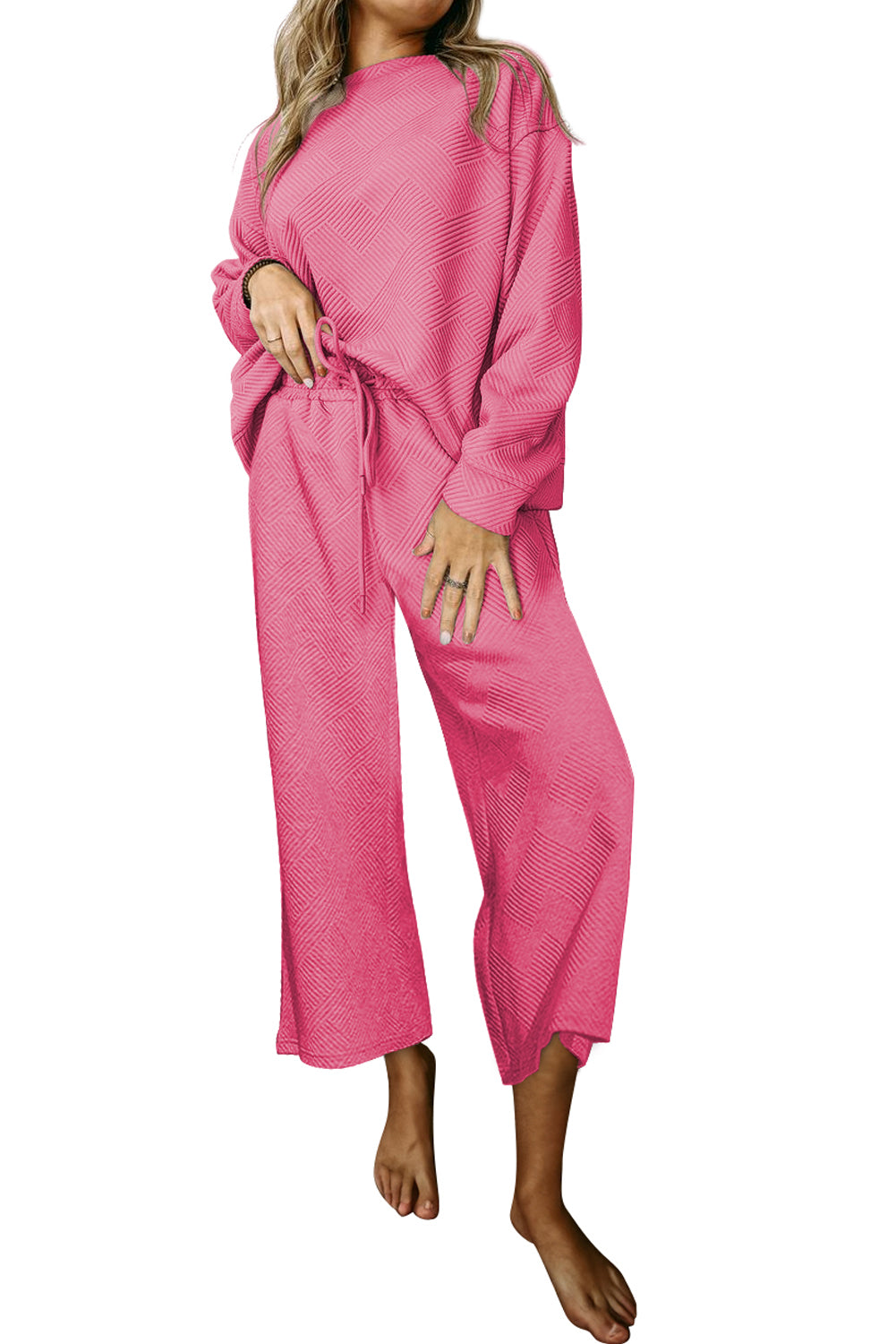 Textured Loose Slouchy Long Sleeve Top and Pants Set