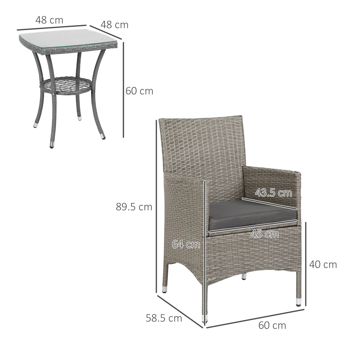 3-Piece Grey Rattan Bistro Set – Outdoor Chairs with Cushions & Glass-Top Coffee Table