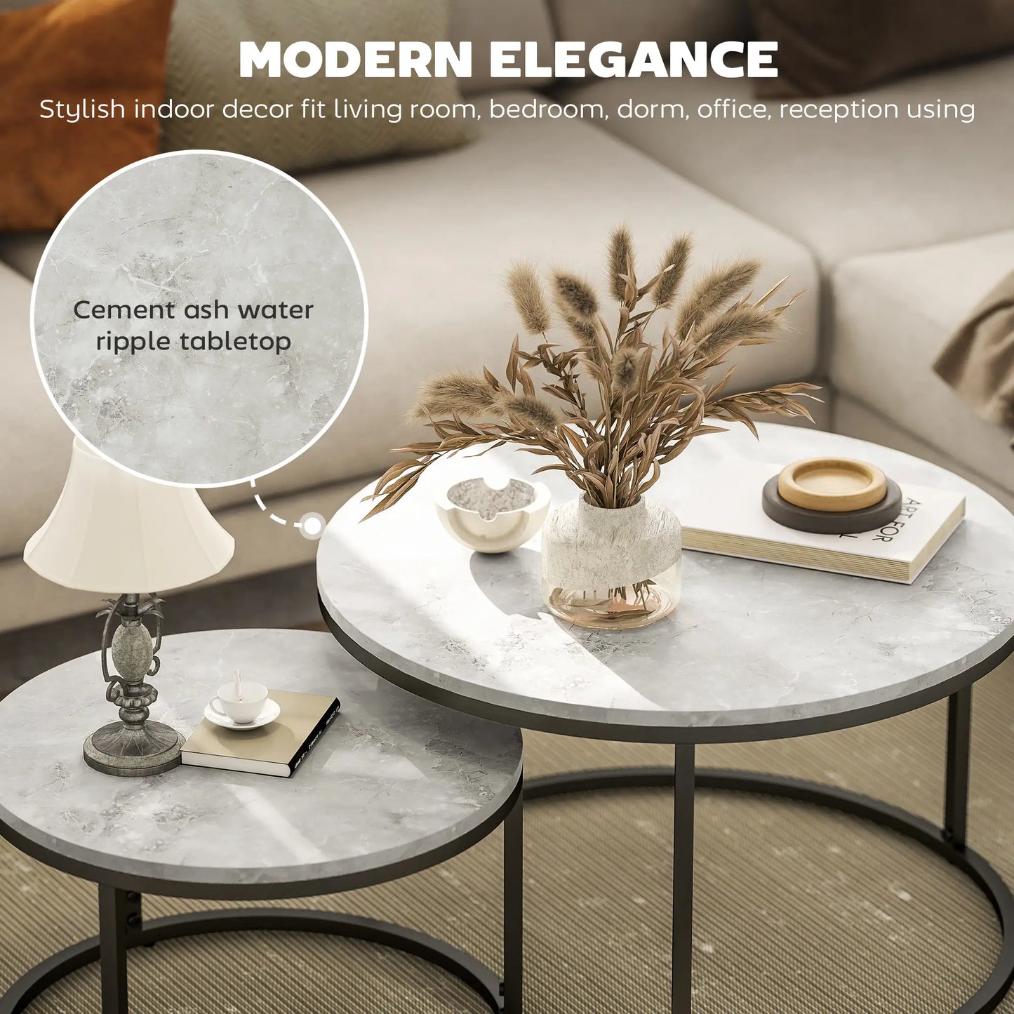 Set of Two Marble-Effect Stacking Tables - Wood Grey