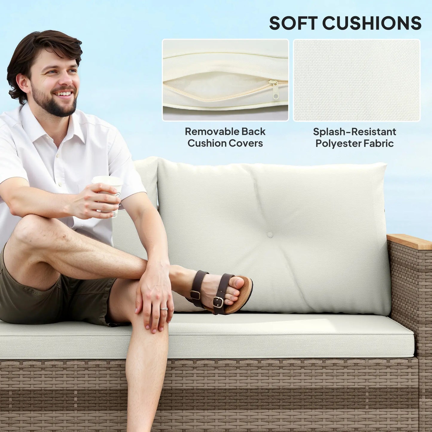 3 Pieces Rattan Garden Furniture Set - L-Shaped Sofa with Acacia Wood Coffee Table & Cushions - Cream