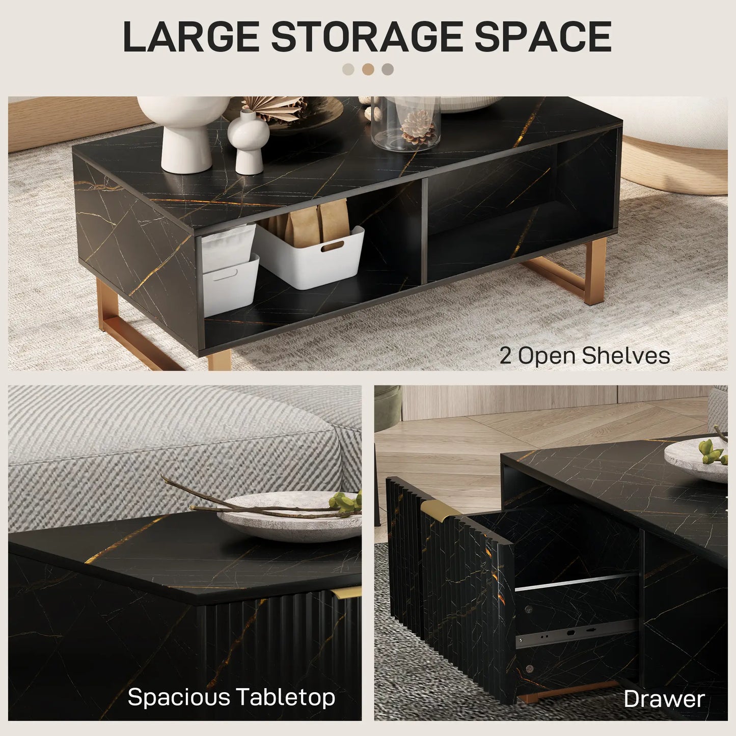 Elegant Marble Effect Storage Coffee Table - Black