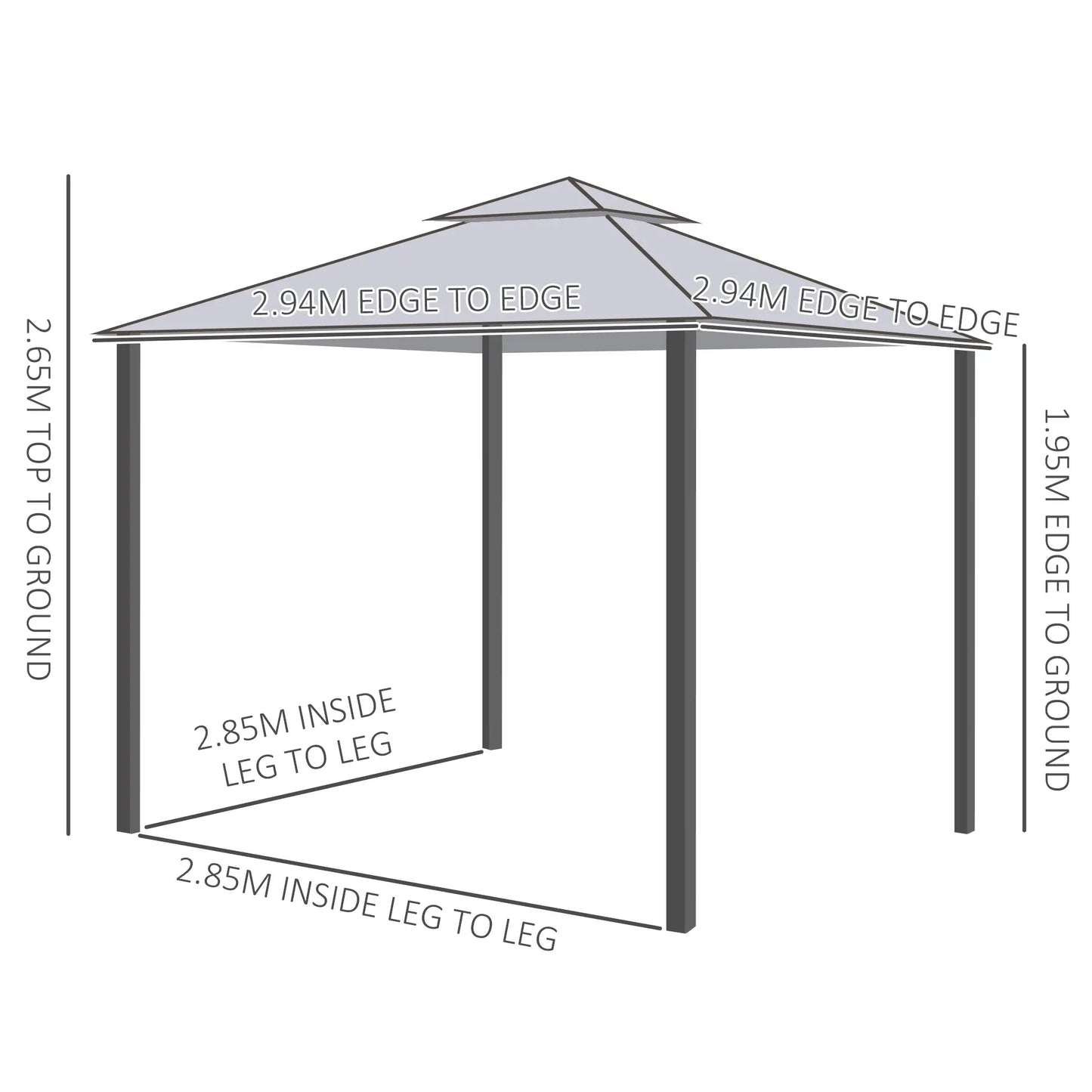 3 x 3 m Metal Gazebo with Double Roof and Mesh Sidewalls - Grey
