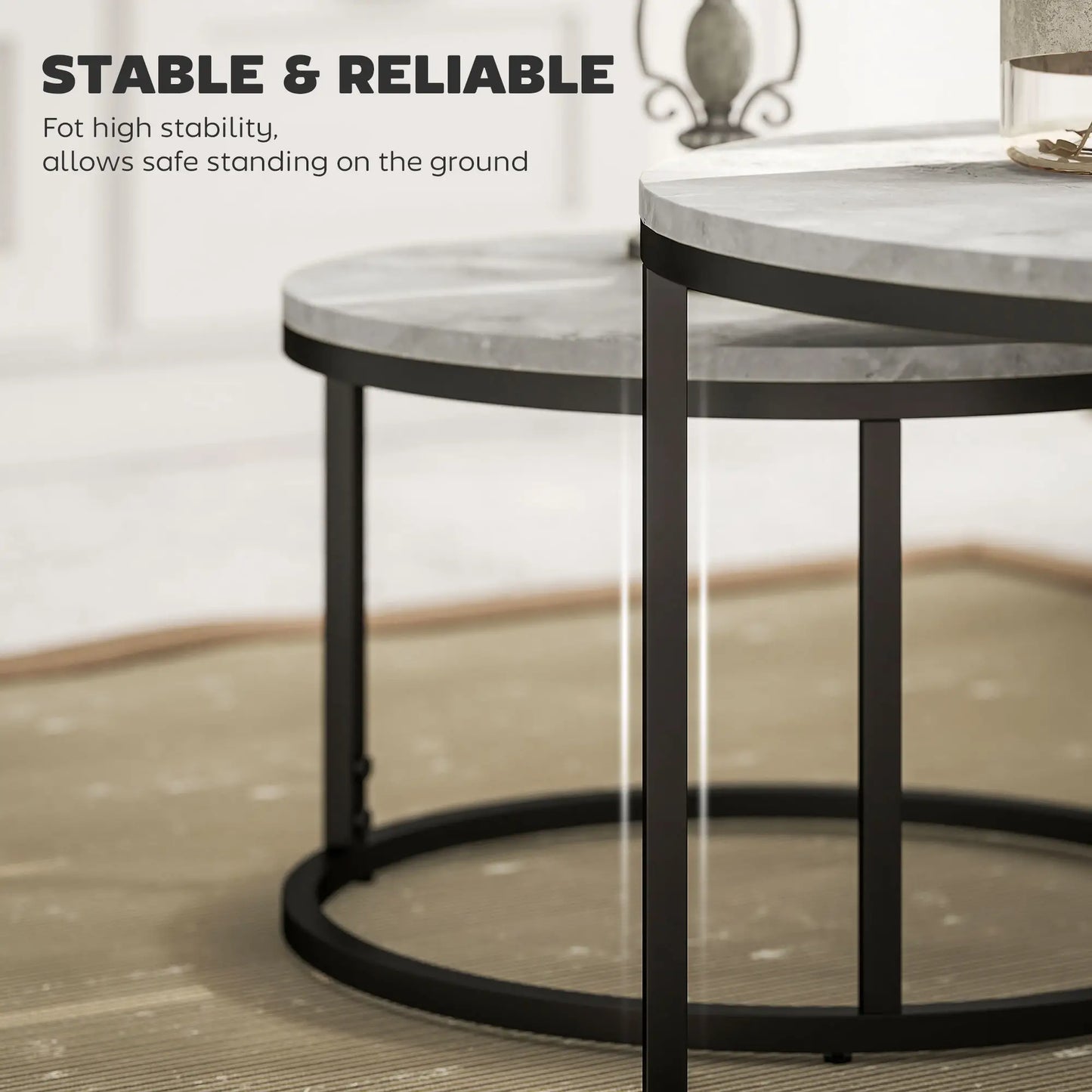 Set of Two Marble-Effect Stacking Tables - Wood Grey