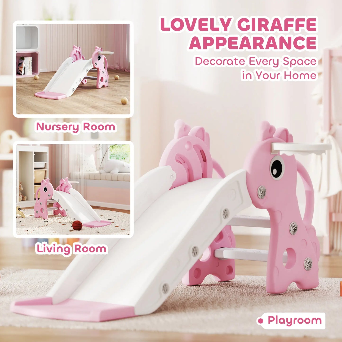 3 in 1 Kids Giraffe Shape Slide with Climber, Basketball Hoop and Ball