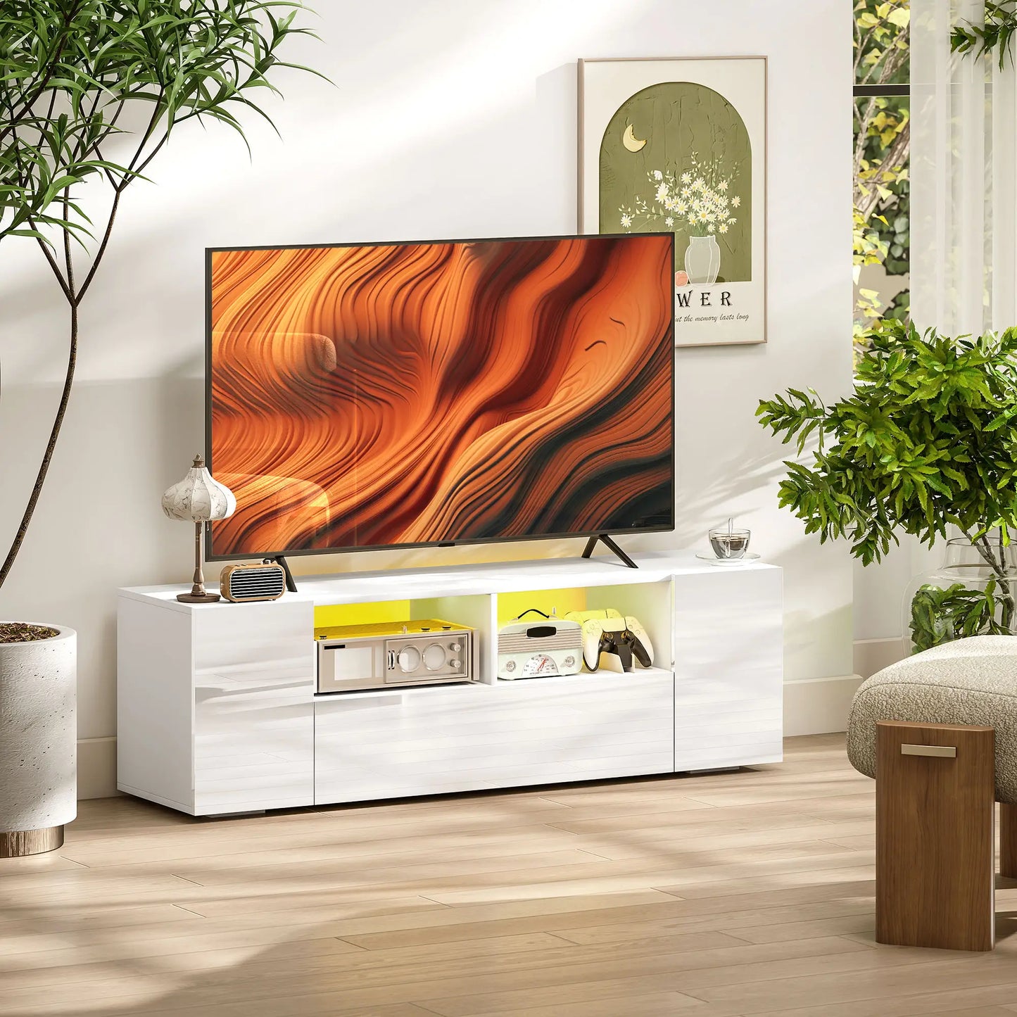 High Gloss White TV Stand, with Storage - 16 LED Lights, TV up to 60"