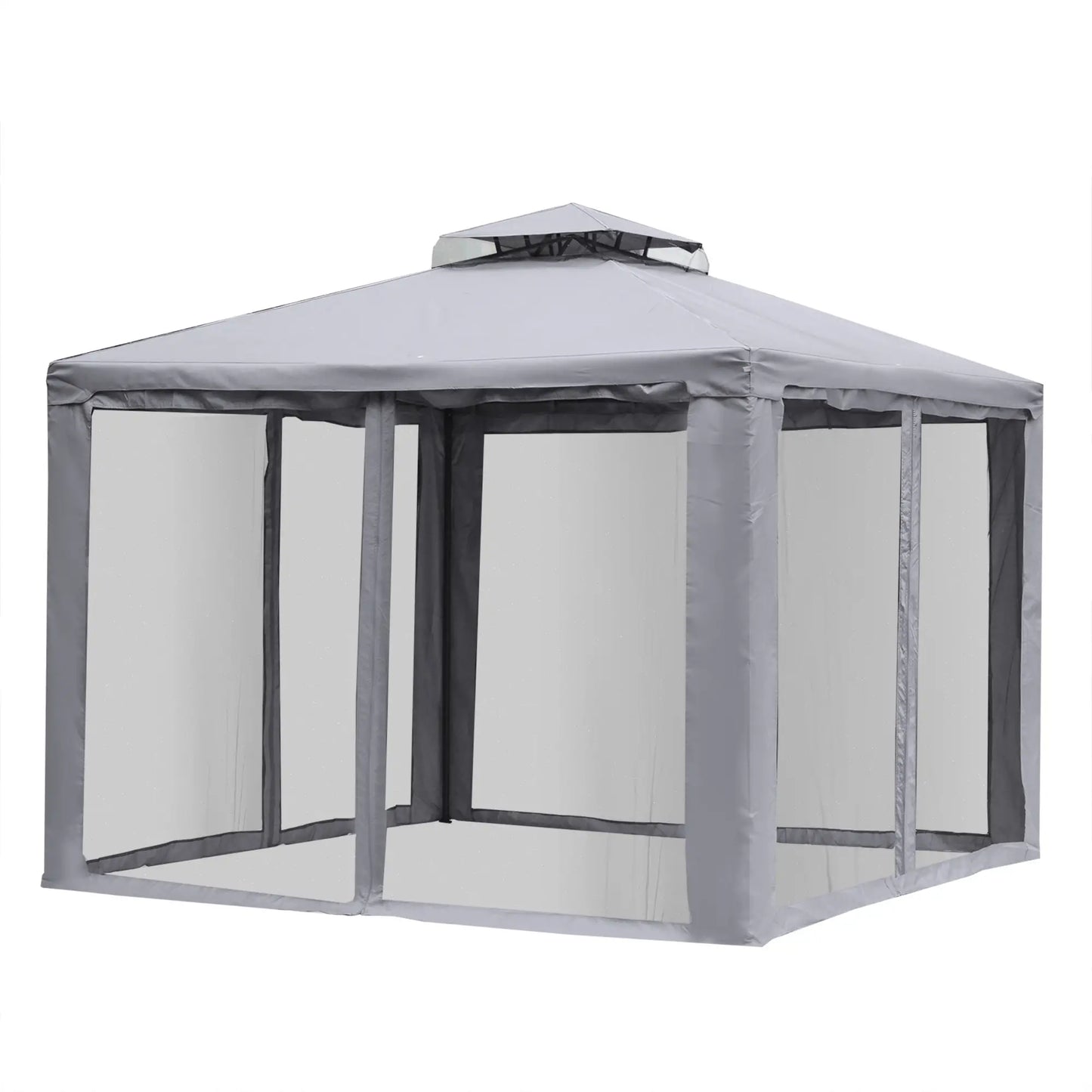 3 x 3 m Metal Gazebo with Double Roof and Mesh Sidewalls - Grey