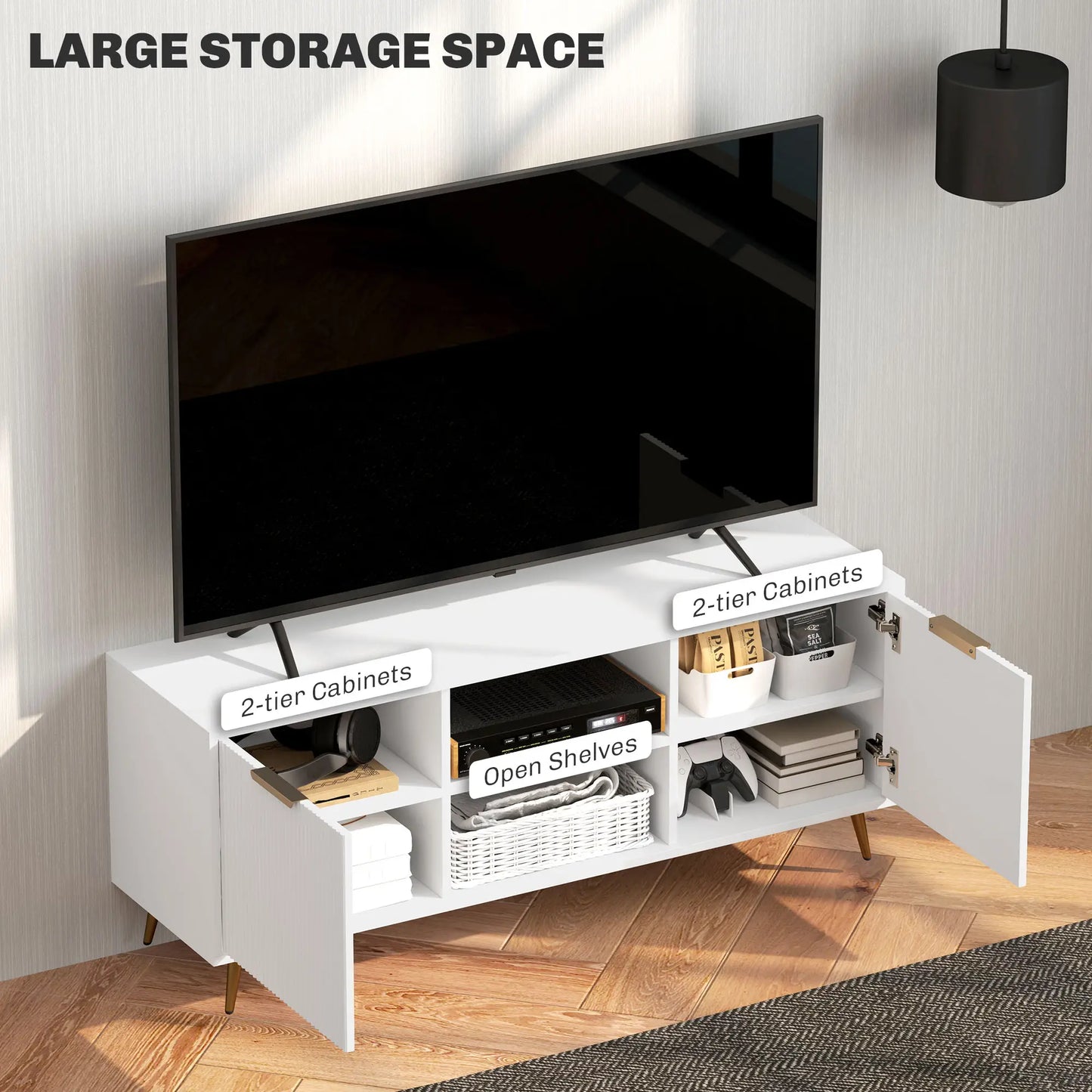 White Modern TV Stand Cabinet for TVs up to 55", TV Unit with 2 Open Shelves and 2 Cabinets