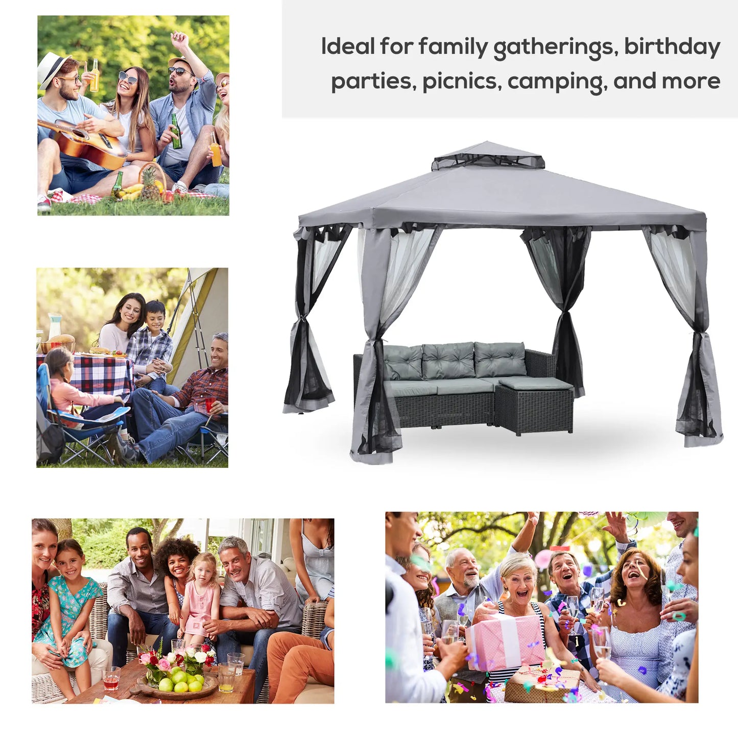 3 x 3 m Metal Gazebo with Double Roof and Mesh Sidewalls - Grey