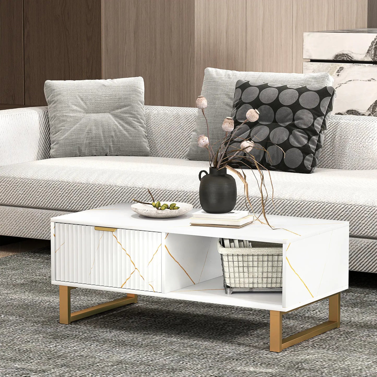 Elegant Marble Effect Storage Coffee Table - White