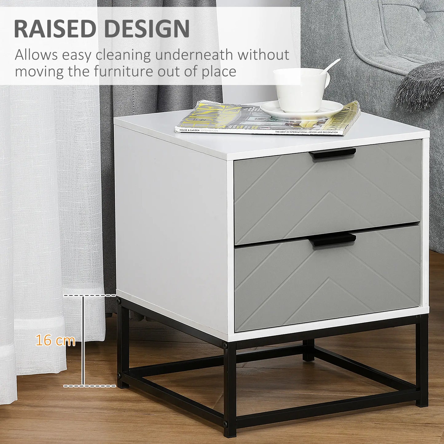Bedside Cabinet with 2 Drawers - White, Grey, Black