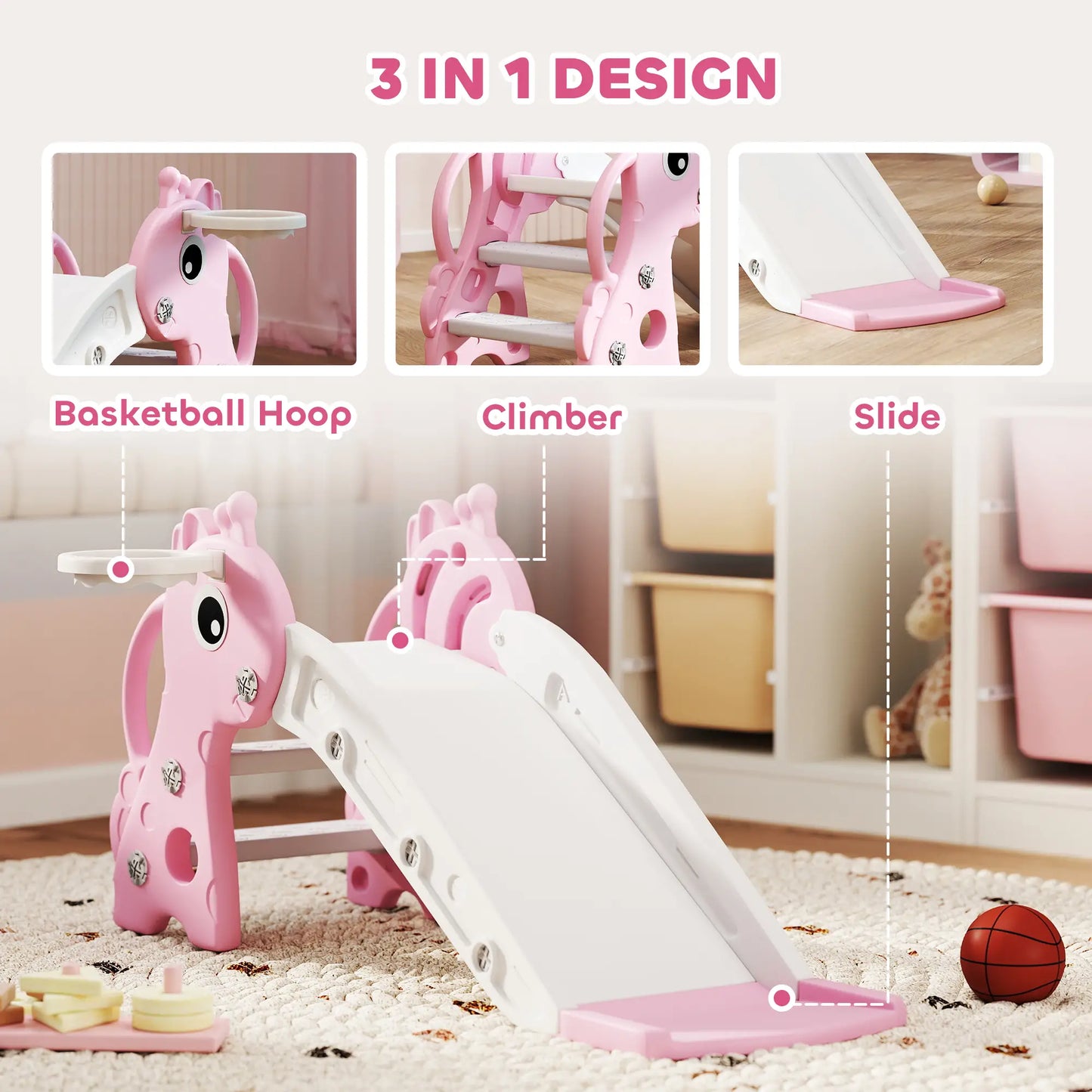 3 in 1 Kids Giraffe Shape Slide with Climber, Basketball Hoop and Ball