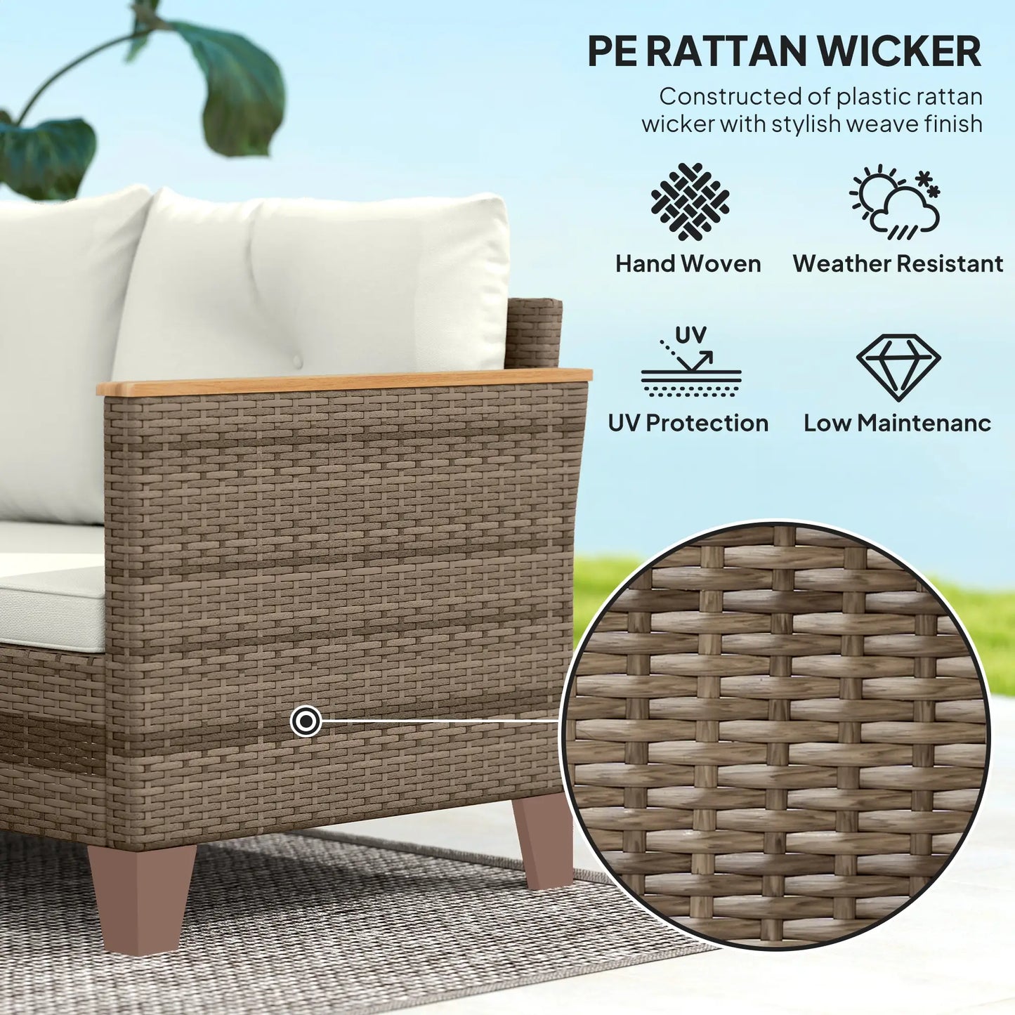3 Pieces Rattan Garden Furniture Set - L-Shaped Sofa with Acacia Wood Coffee Table & Cushions - Cream