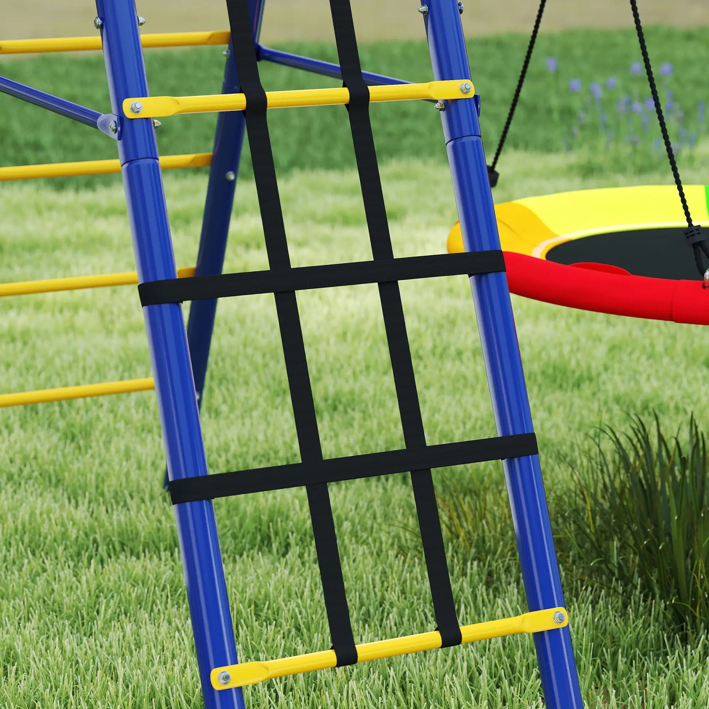 6 in 1 Metal Kids Swing Set with 3 Swings, Climbing Ladder & Net, Basketball Hoop, for Ages 3-8