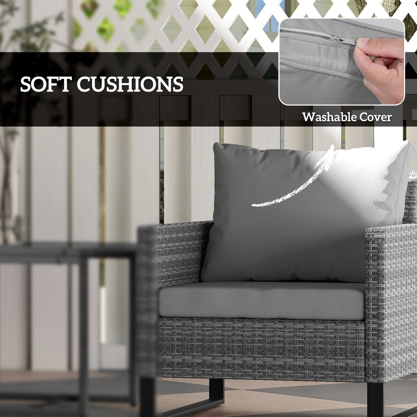 3 Piece Rattan Bistro Set with 4 Cushions - Grey