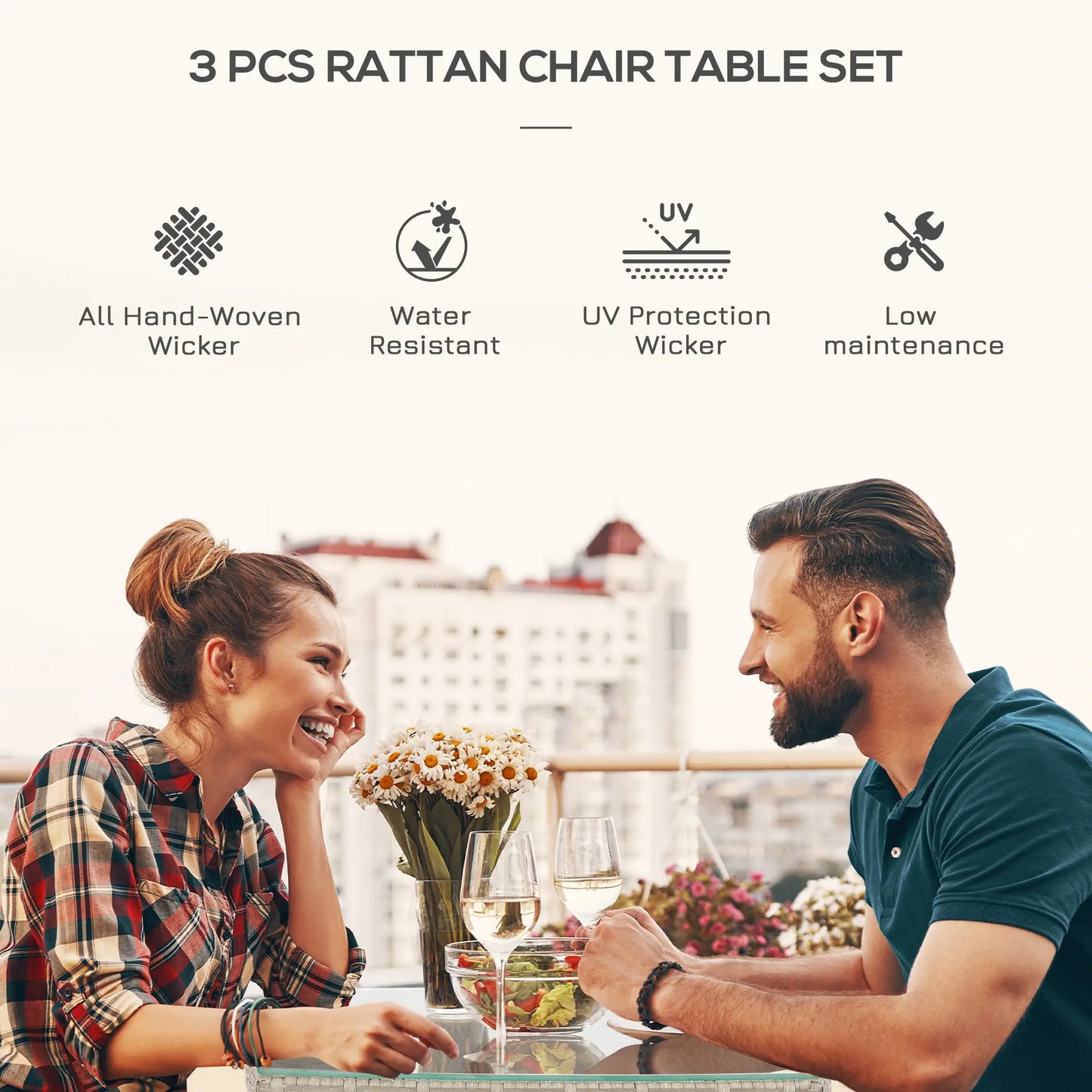 3-Piece Grey Rattan Bistro Set – Outdoor Chairs with Cushions & Glass-Top Coffee Table