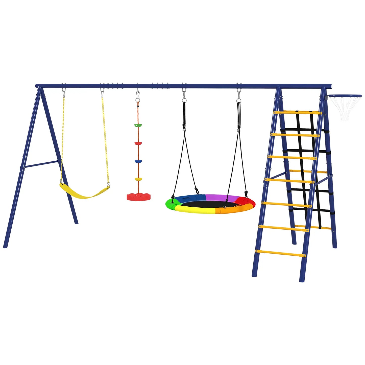 6 in 1 Metal Kids Swing Set with 3 Swings, Climbing Ladder & Net, Basketball Hoop, for Ages 3-8