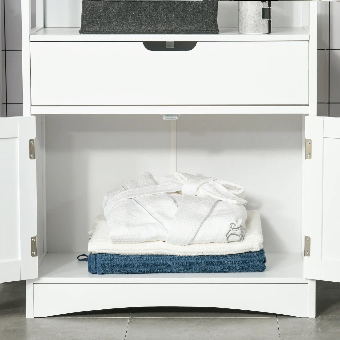 White Bathroom Floor Cabinet - Storage with Drawer, Open Shelves & Cupboard