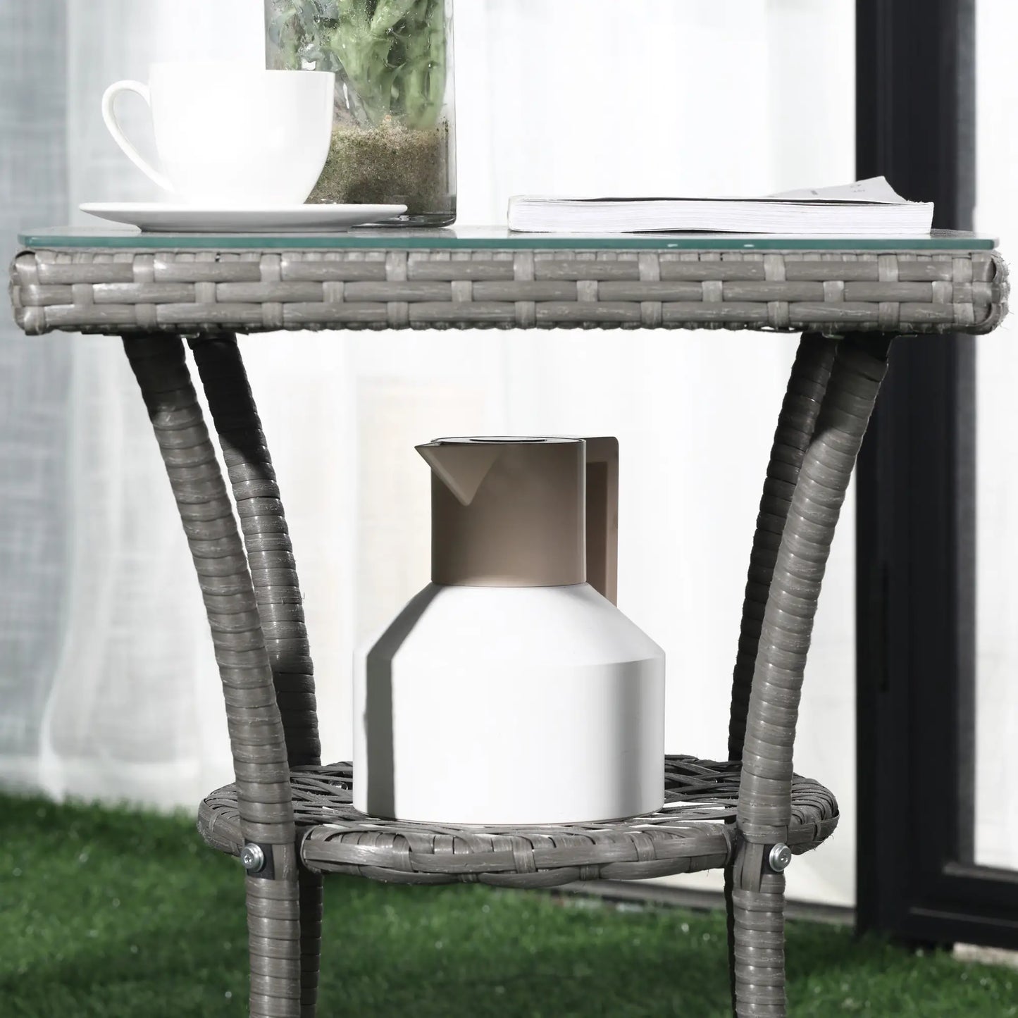 3-Piece Grey Rattan Bistro Set – Outdoor Chairs with Cushions & Glass-Top Coffee Table