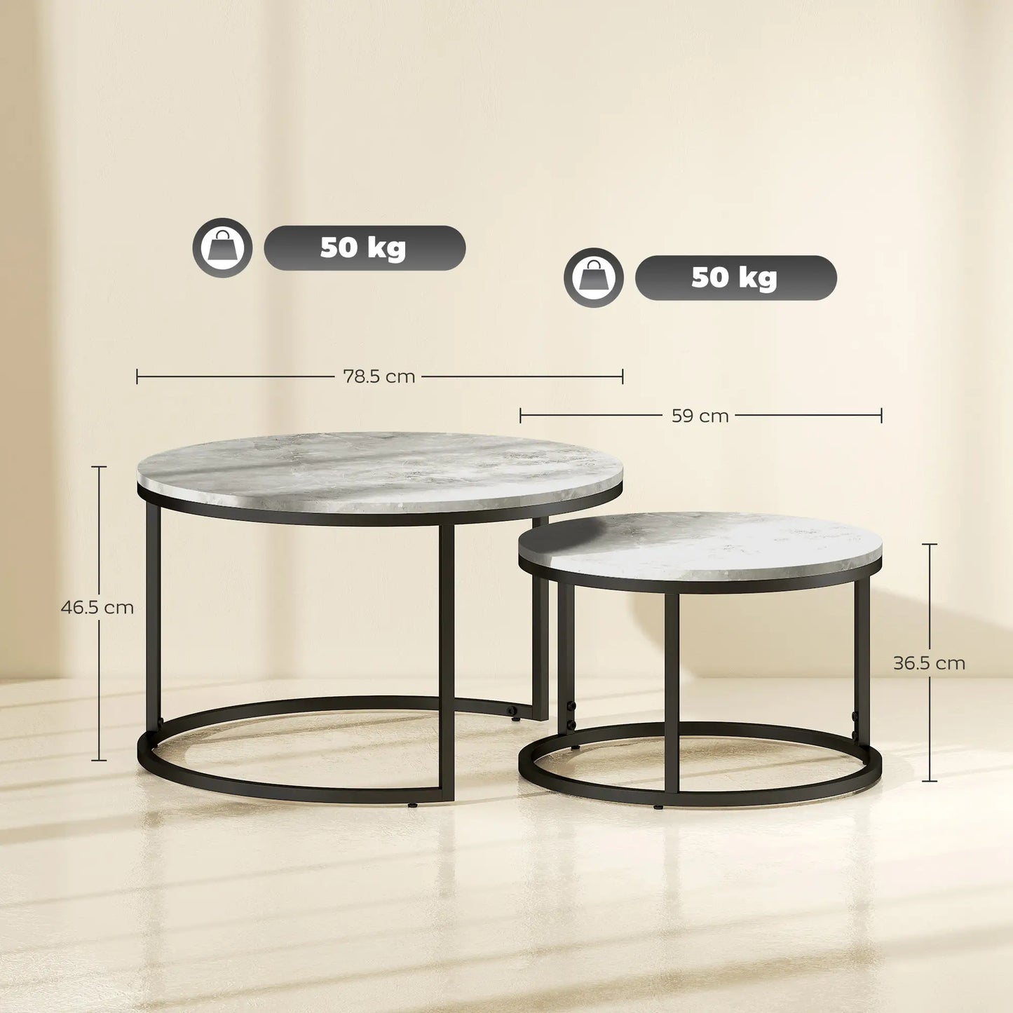 Set of Two Marble-Effect Stacking Tables - Wood Grey