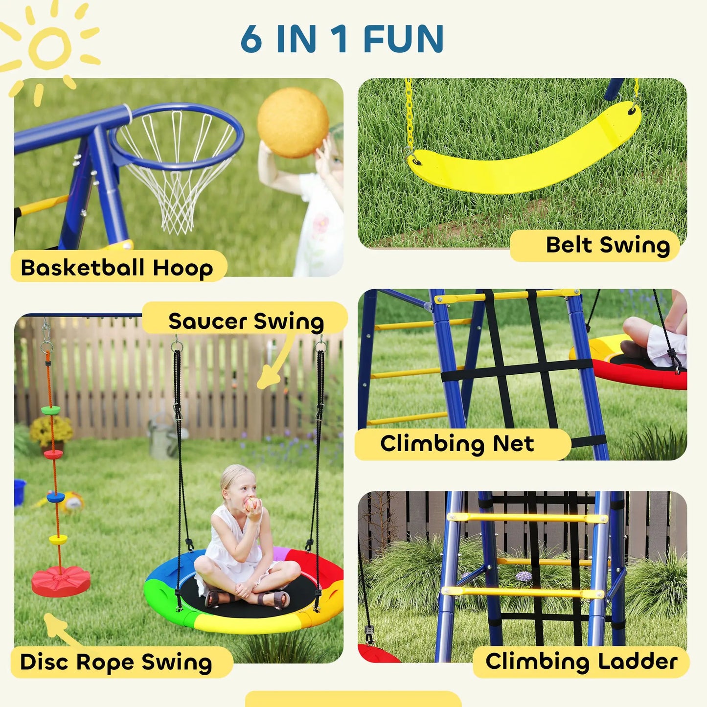 6 in 1 Metal Kids Swing Set with 3 Swings, Climbing Ladder & Net, Basketball Hoop, for Ages 3-8