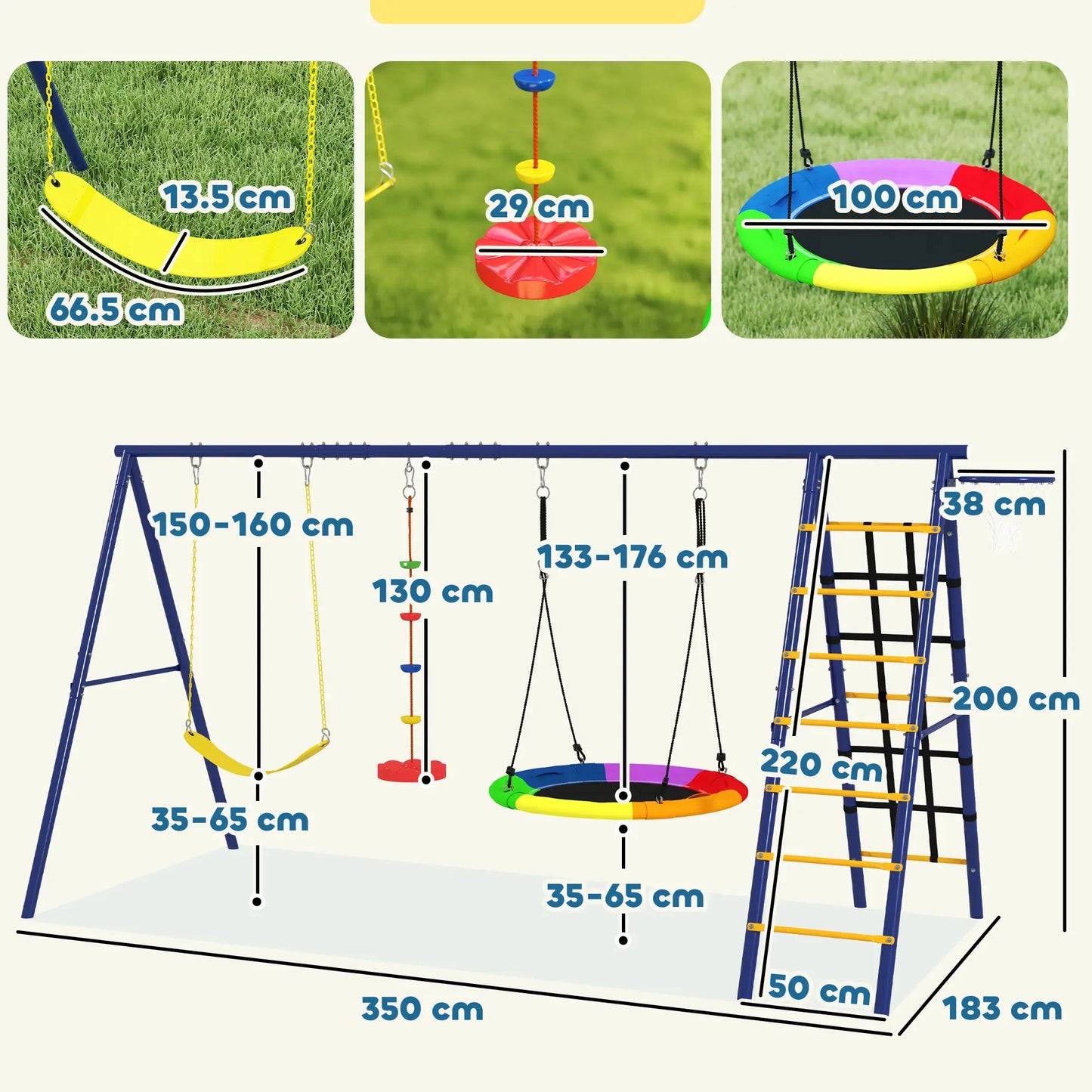 6 in 1 Metal Kids Swing Set with 3 Swings, Climbing Ladder & Net, Basketball Hoop, for Ages 3-8