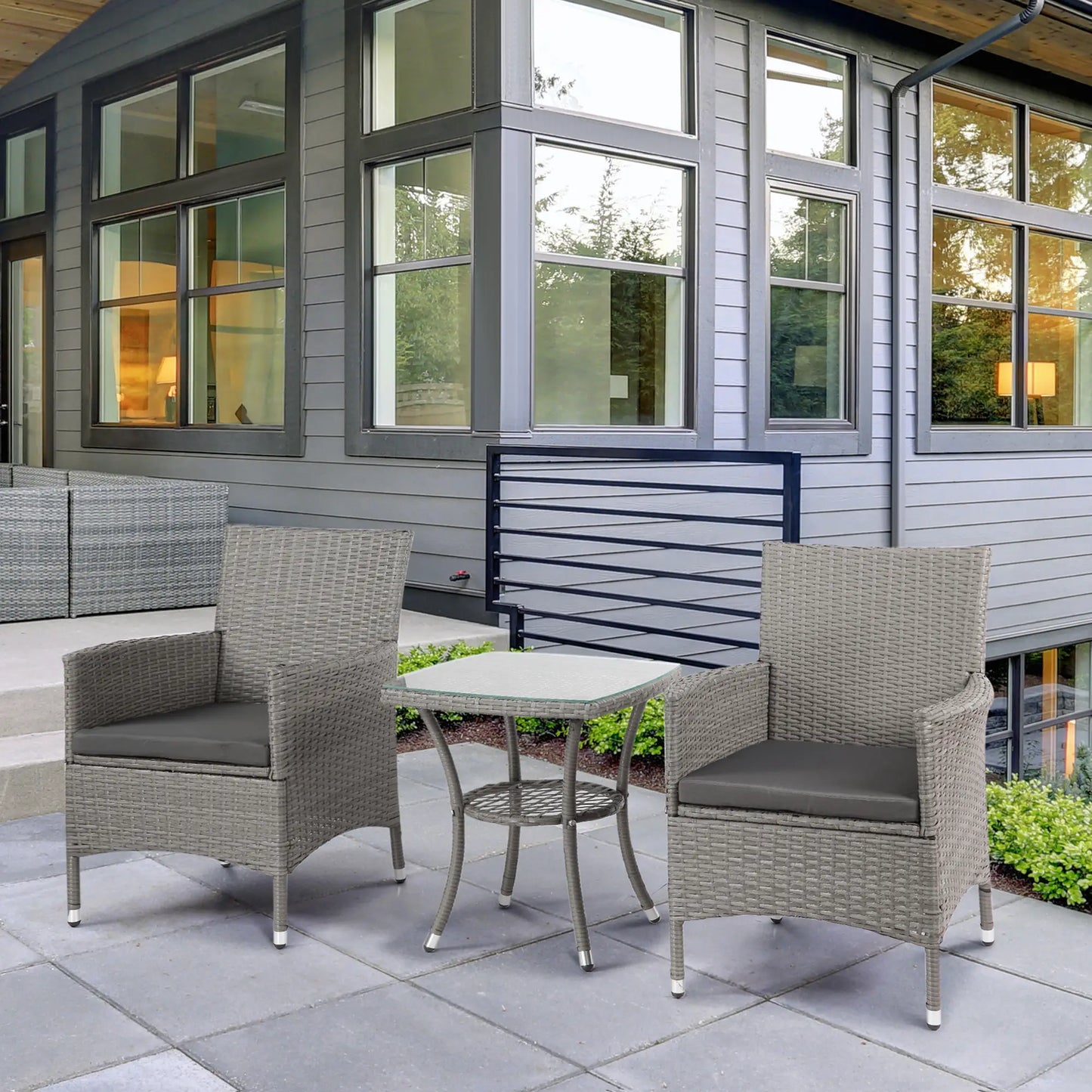 3-Piece Grey Rattan Bistro Set – Outdoor Chairs with Cushions & Glass-Top Coffee Table