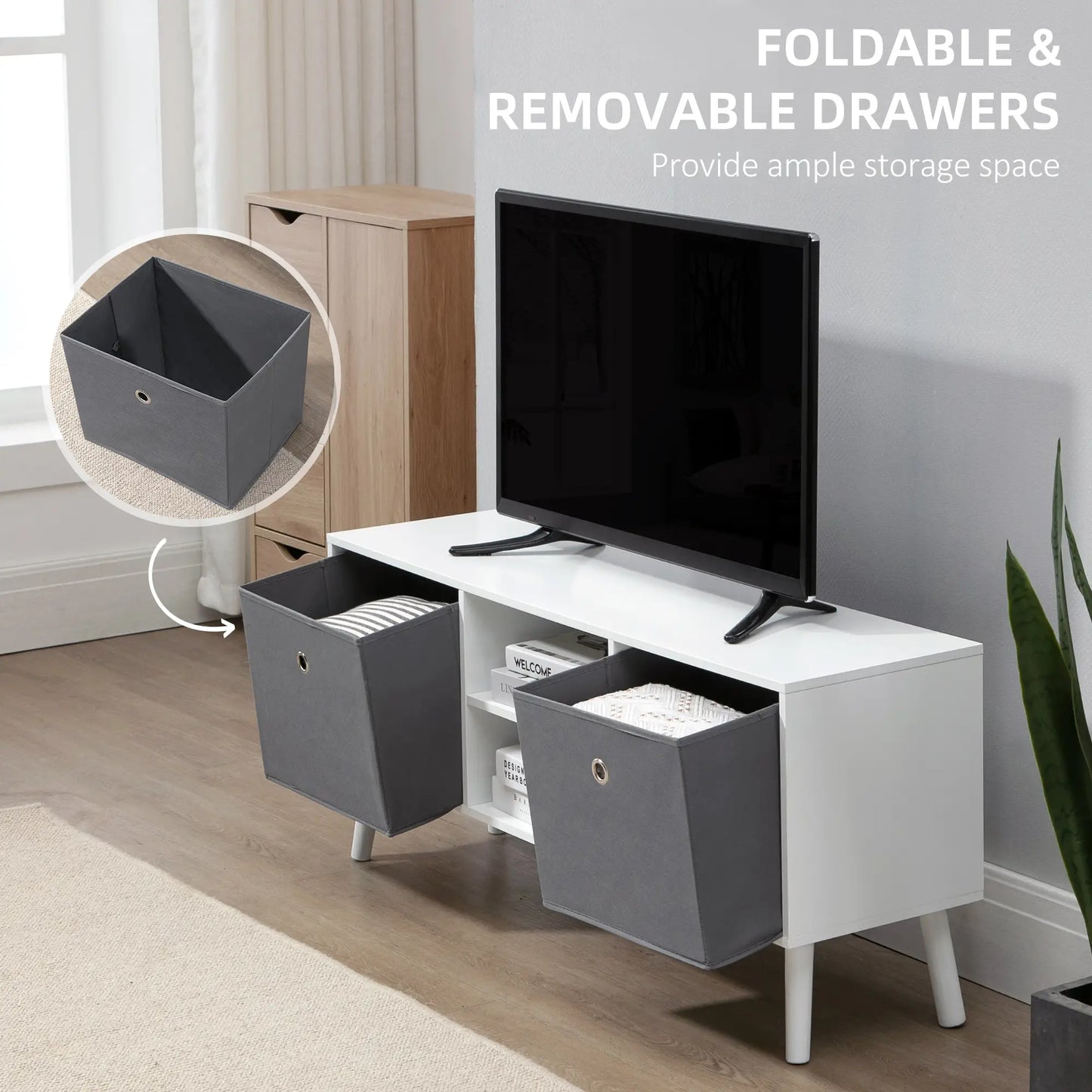 White TV Cabinet Stand Unit for TVs up to 50'' with Foldable Drawers,