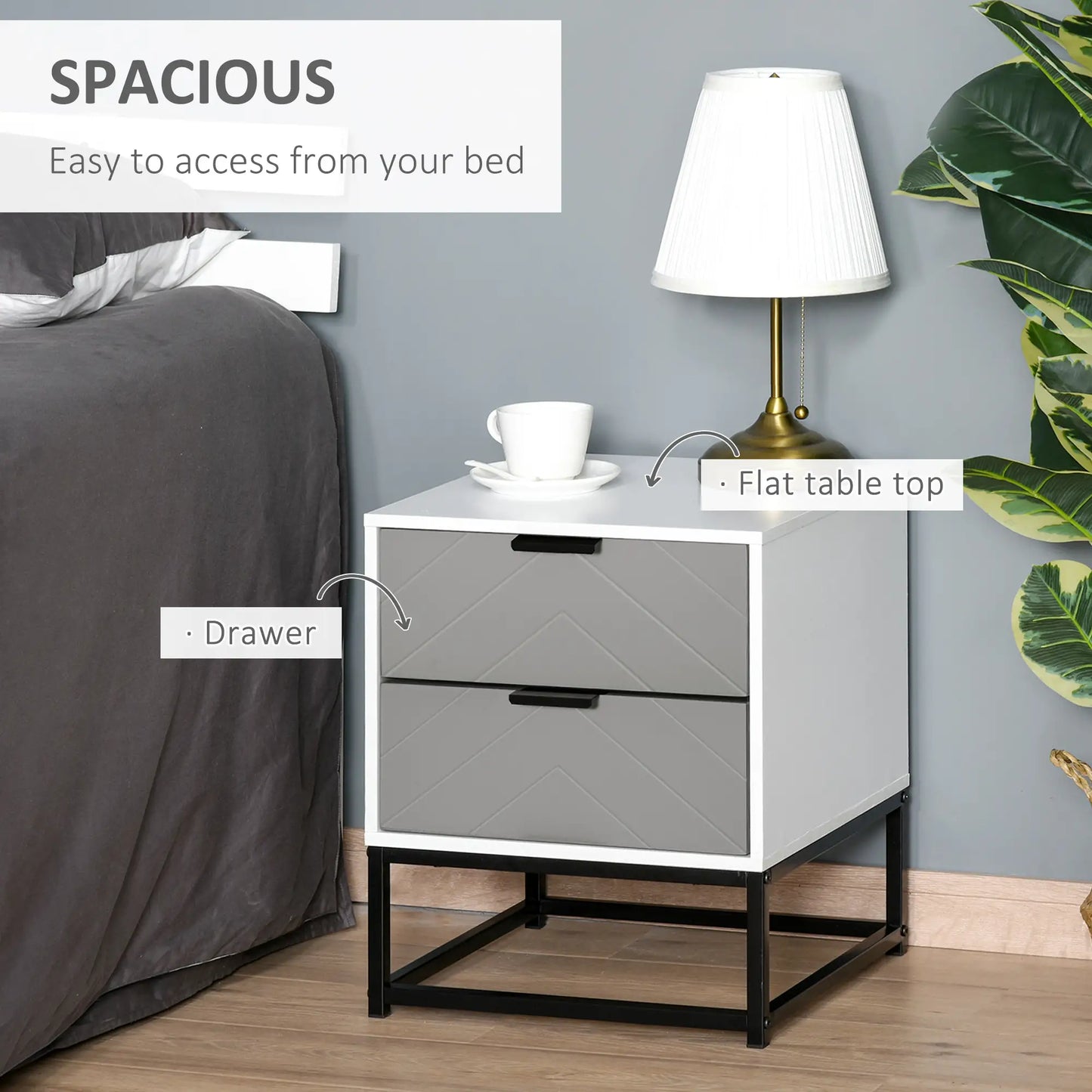 Bedside Cabinet with 2 Drawers - White, Grey, Black