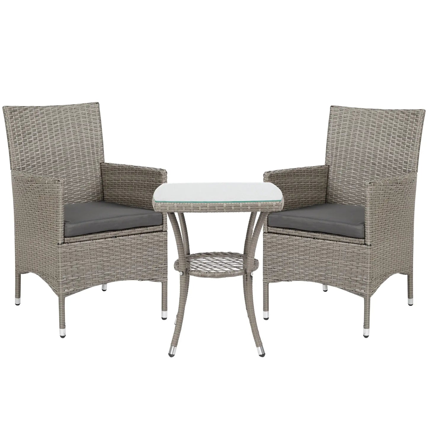 3-Piece Grey Rattan Bistro Set – Outdoor Chairs with Cushions & Glass-Top Coffee Table