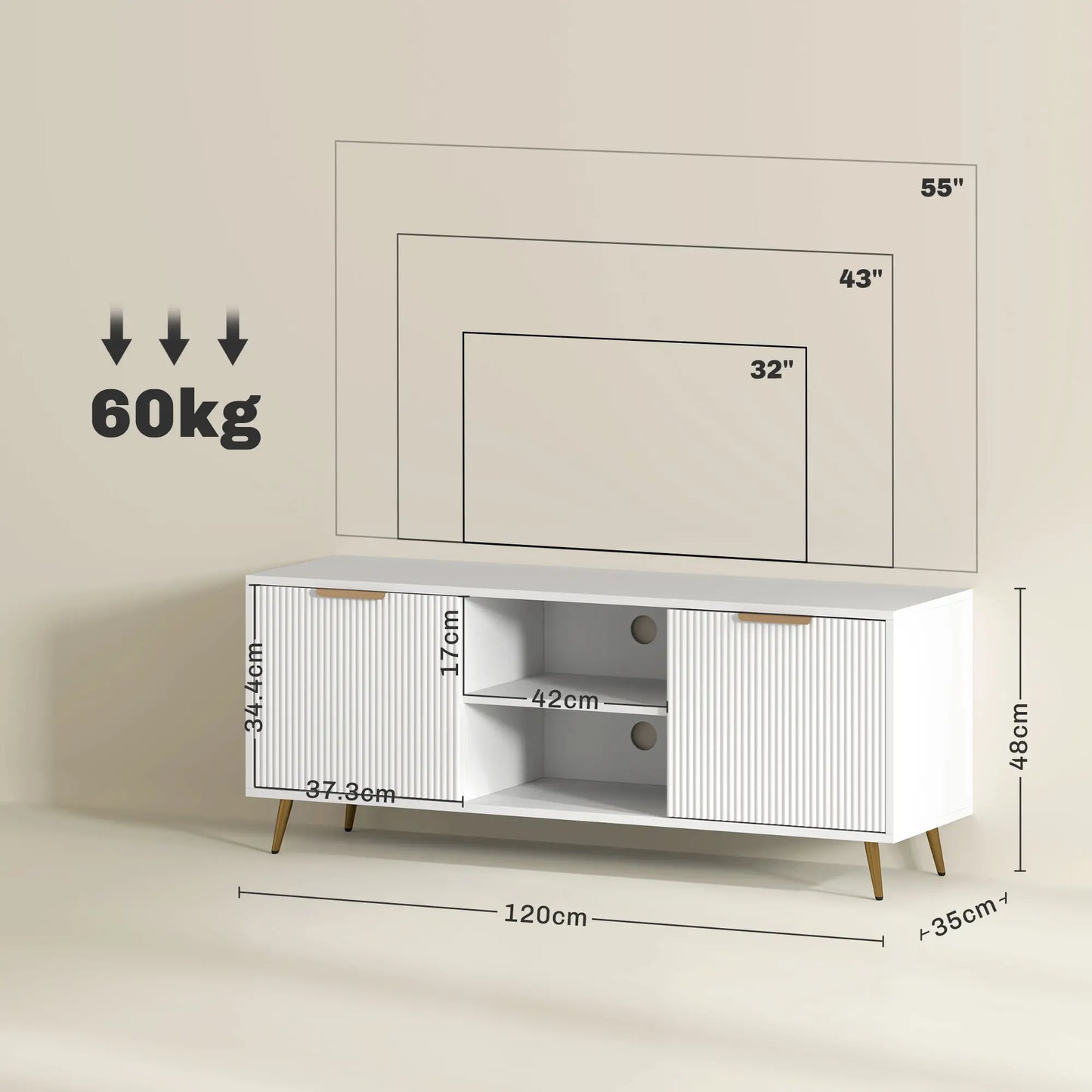 White Modern TV Stand Cabinet for TVs up to 55", TV Unit with 2 Open Shelves and 2 Cabinets