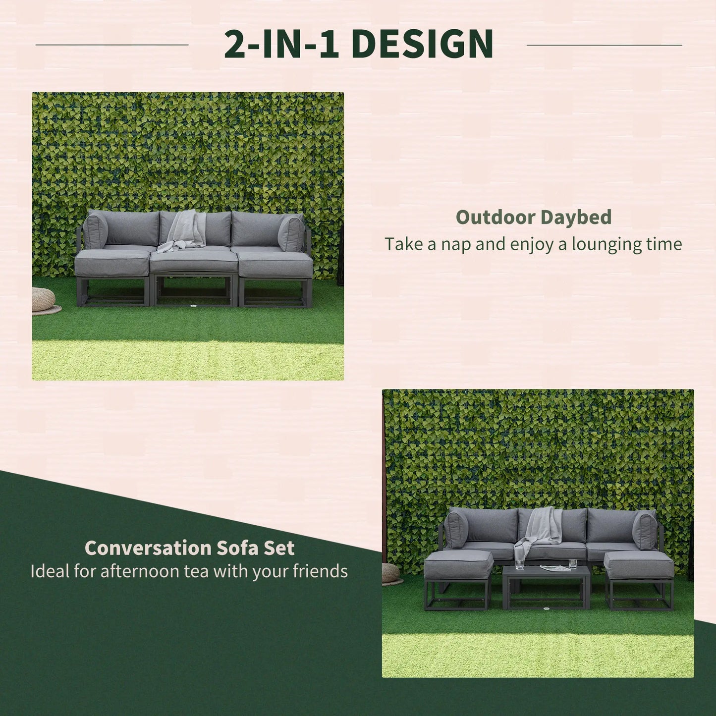 6-Piece Patio Furniture Set – Aluminium Sofa, Daybed, Coffee Table & Footstool