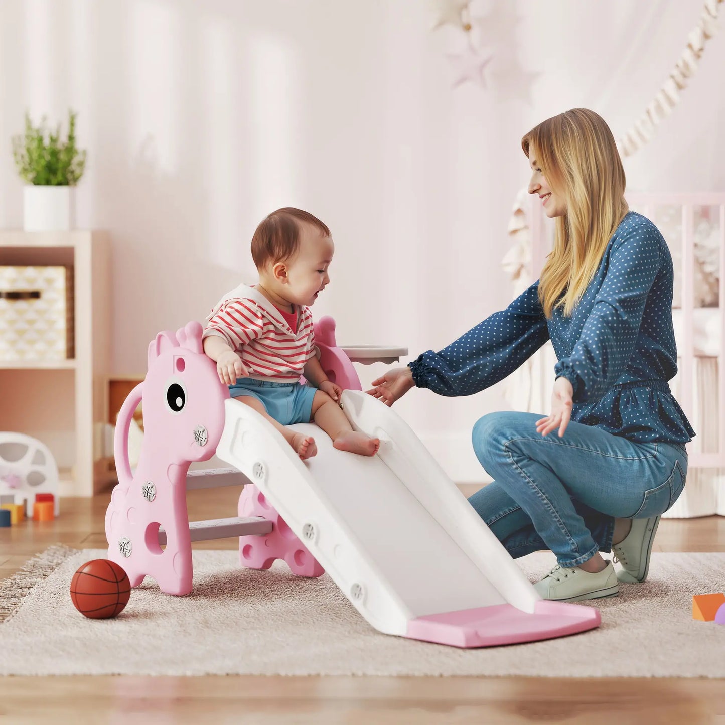 3 in 1 Kids Giraffe Shape Slide with Climber, Basketball Hoop and Ball