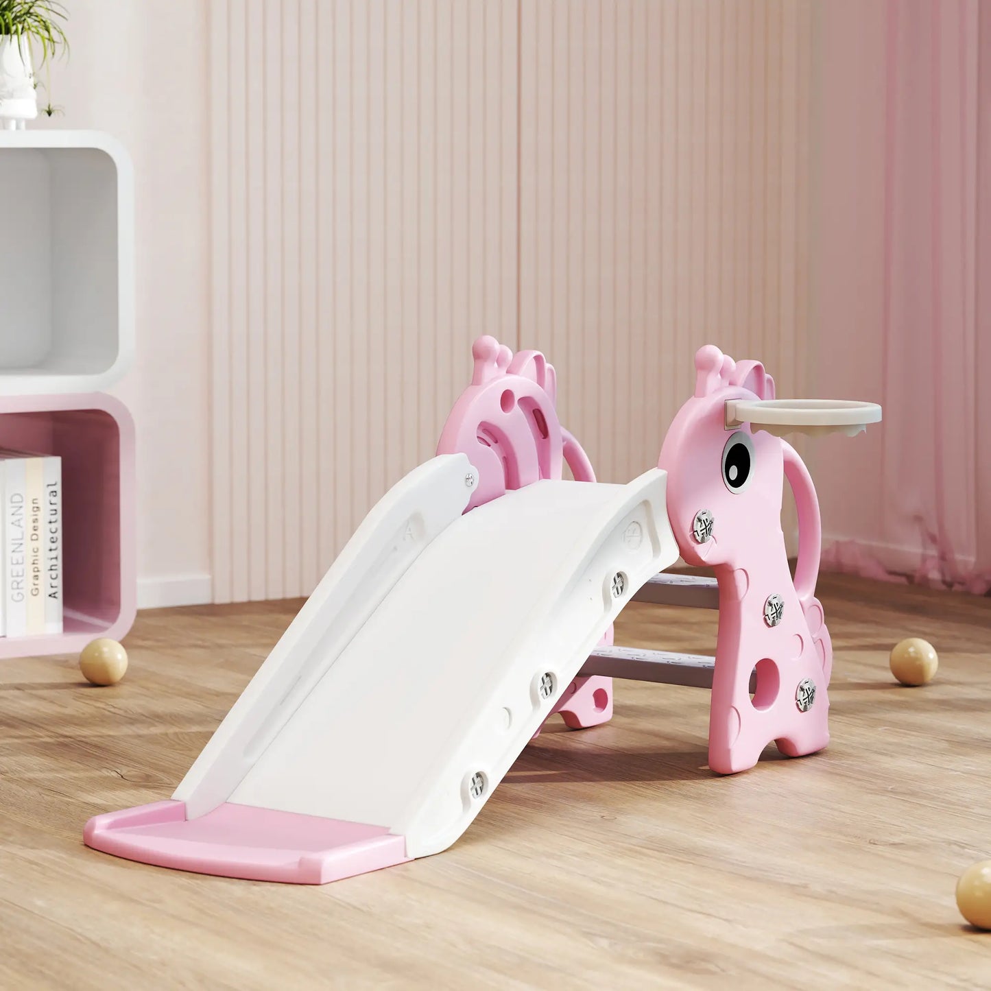 3 in 1 Kids Giraffe Shape Slide with Climber, Basketball Hoop and Ball
