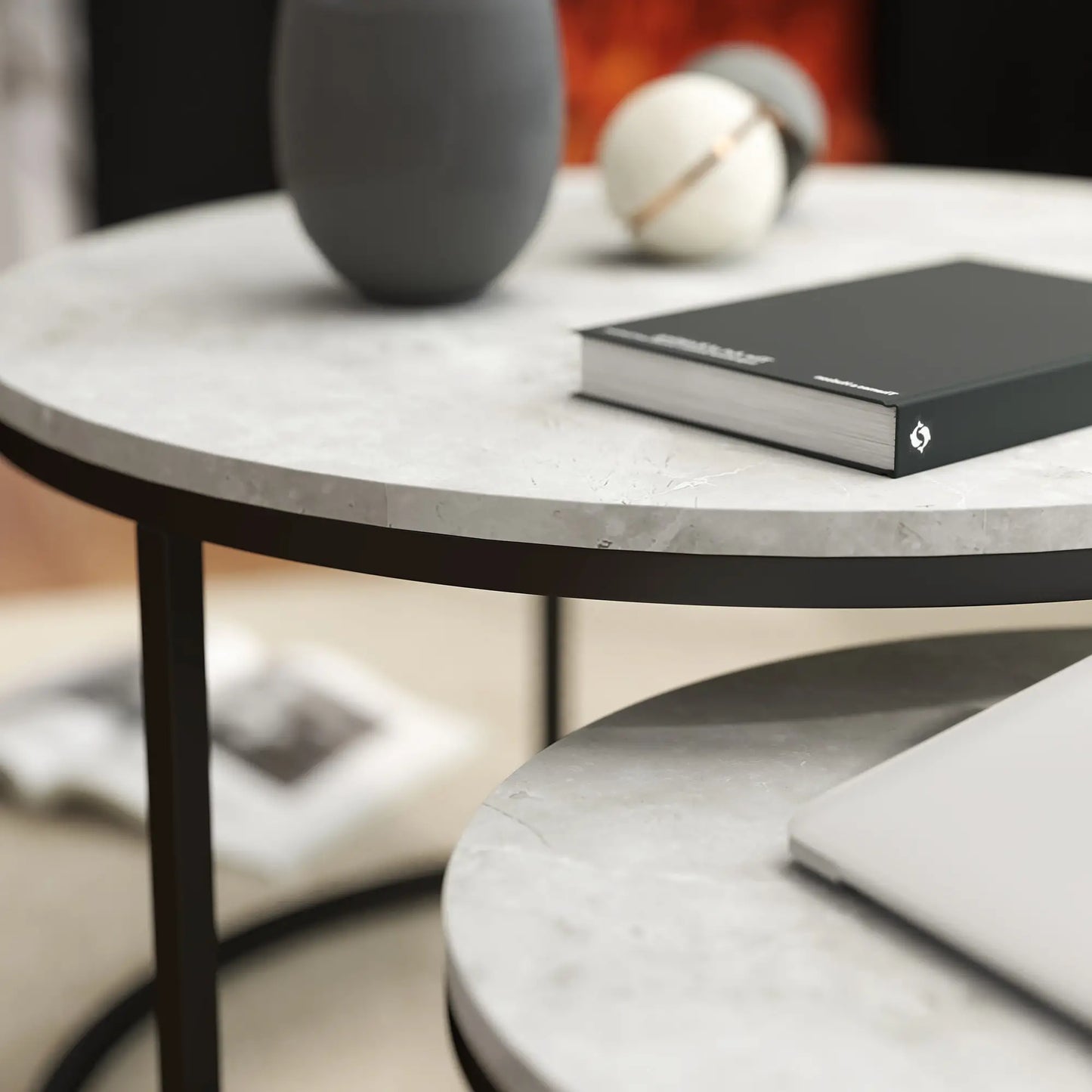 Set of Two Marble-Effect Stacking Tables - Wood Grey