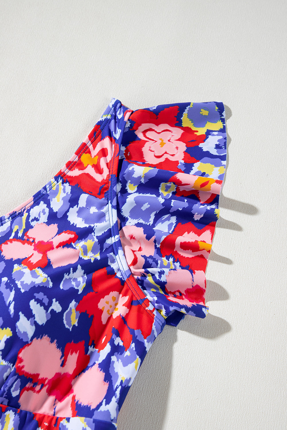 Blue Floral Print Ruffled V Neck High Waist One Piece Plus Size Swimsuit