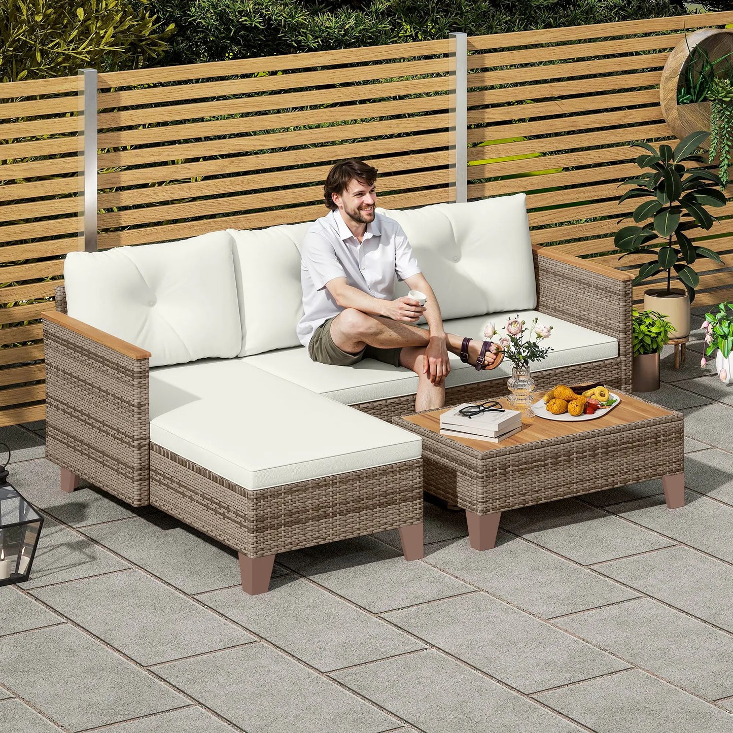 3 Pieces Rattan Garden Furniture Set - L-Shaped Sofa with Acacia Wood Coffee Table & Cushions - Cream