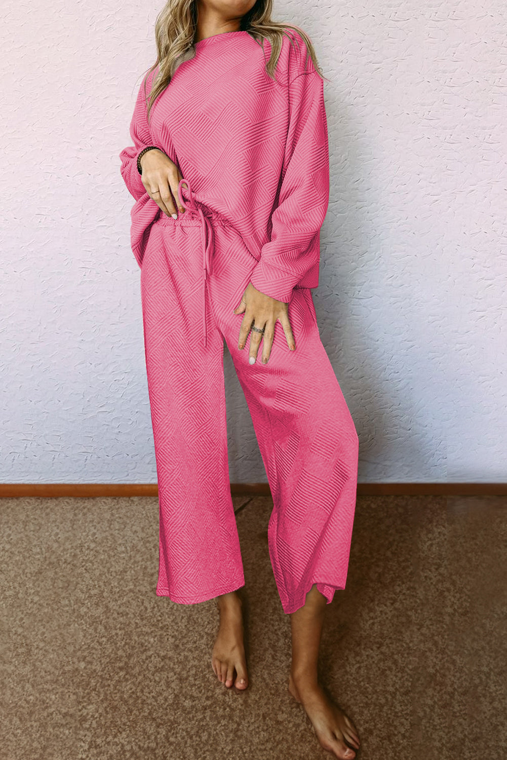 Textured Loose Slouchy Long Sleeve Top and Pants Set