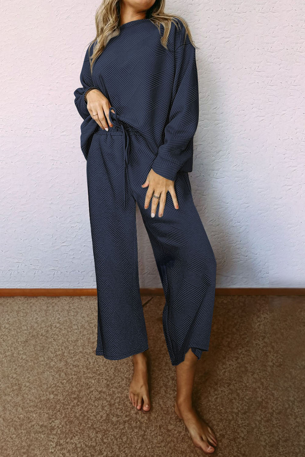 Textured Loose Slouchy Long Sleeve Top and Pants Set