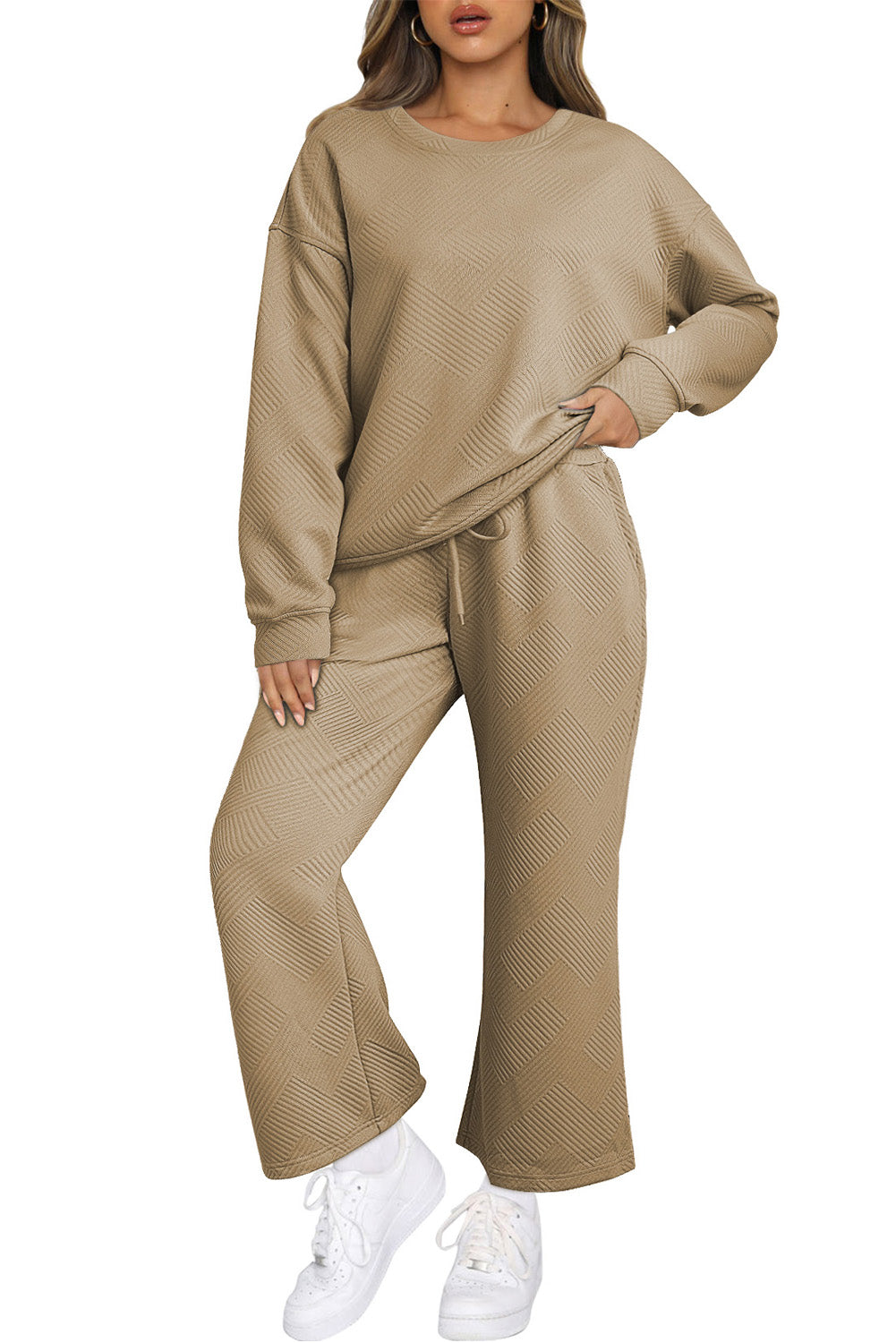 Textured Loose Slouchy Long Sleeve Top and Pants Set