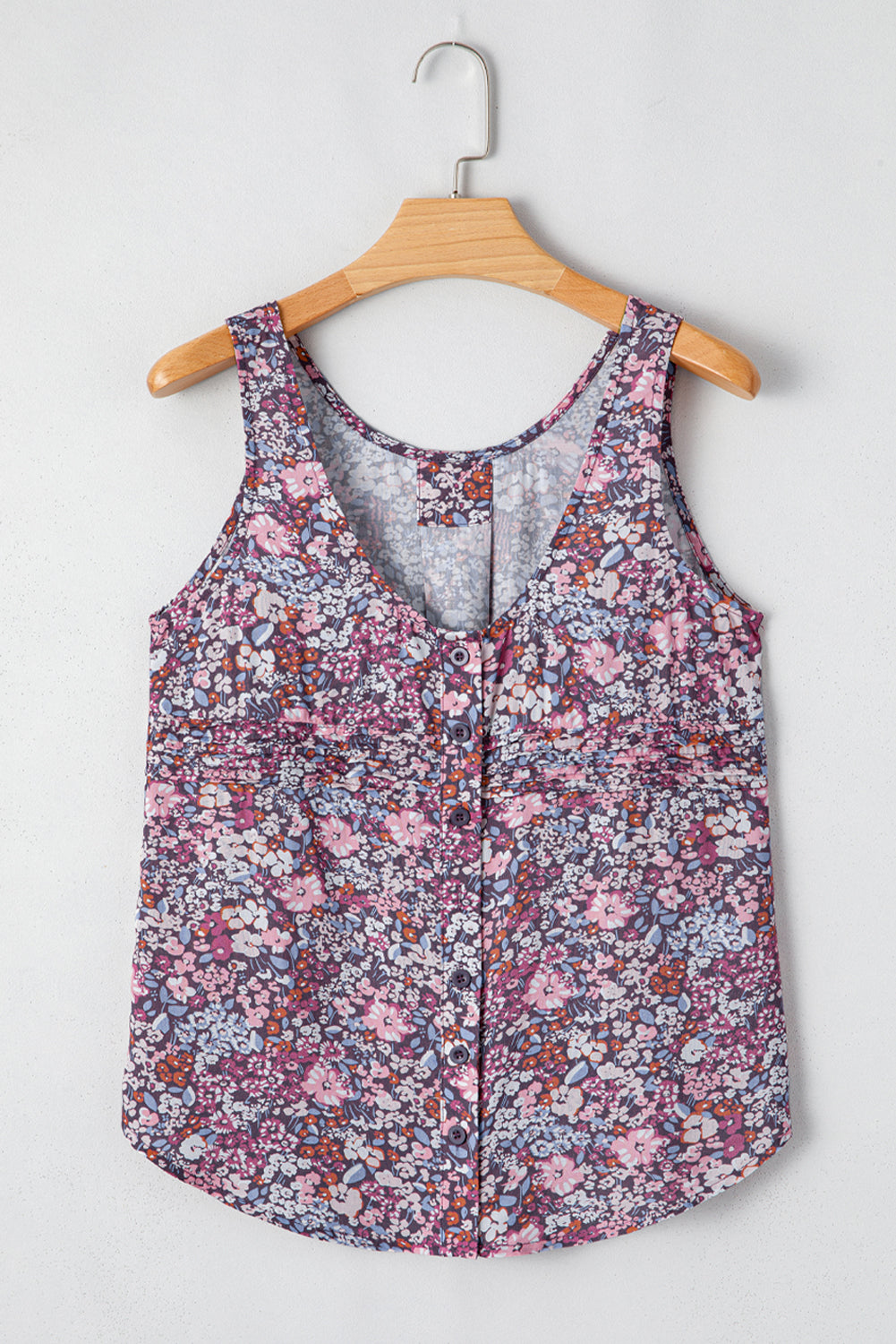 Boho Floral Pleated Button Front Sleeveless Top