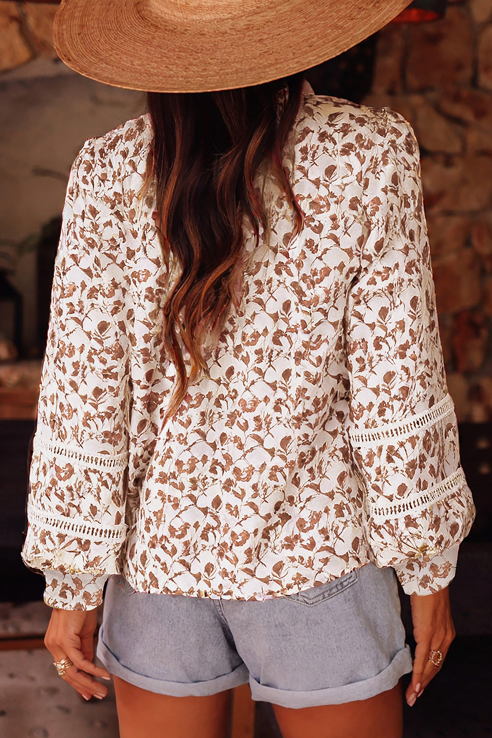 Printed Floral Print Lace Detail Puff Sleeve Shirt