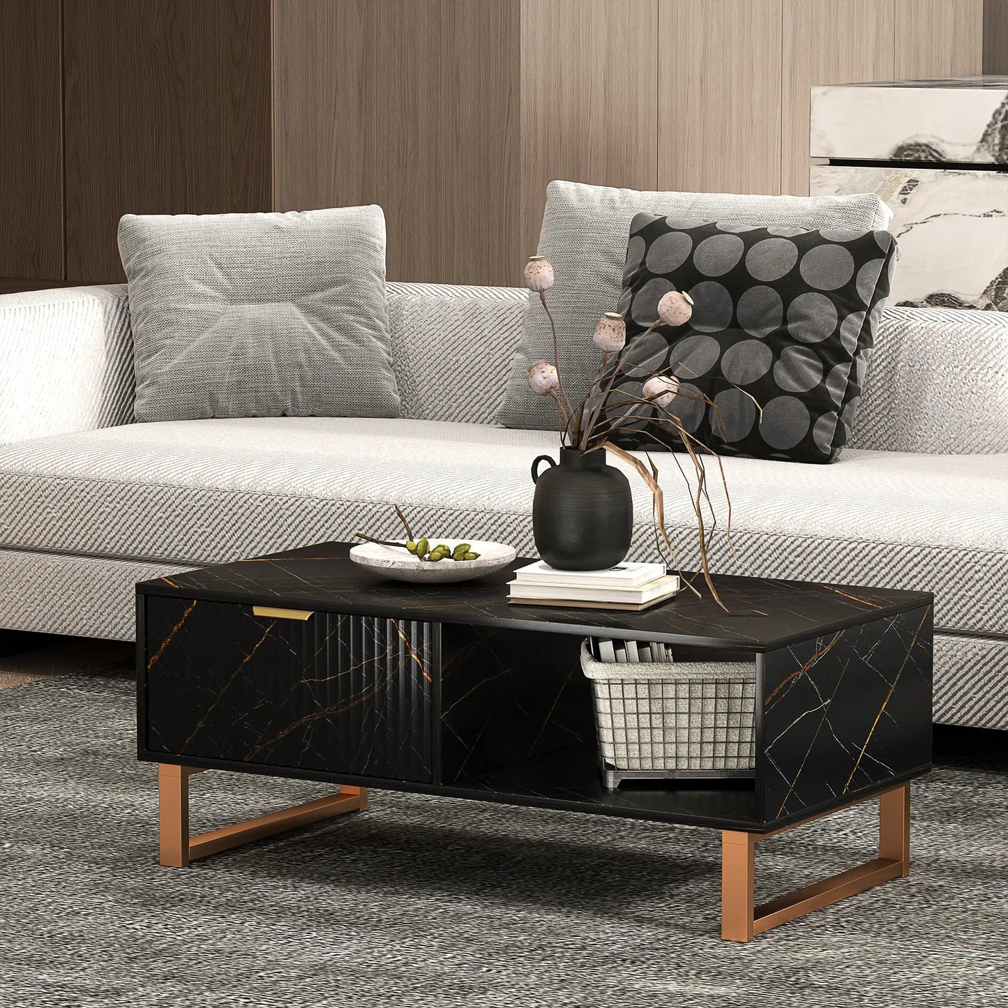 Elegant Marble Effect Storage Coffee Table - Black