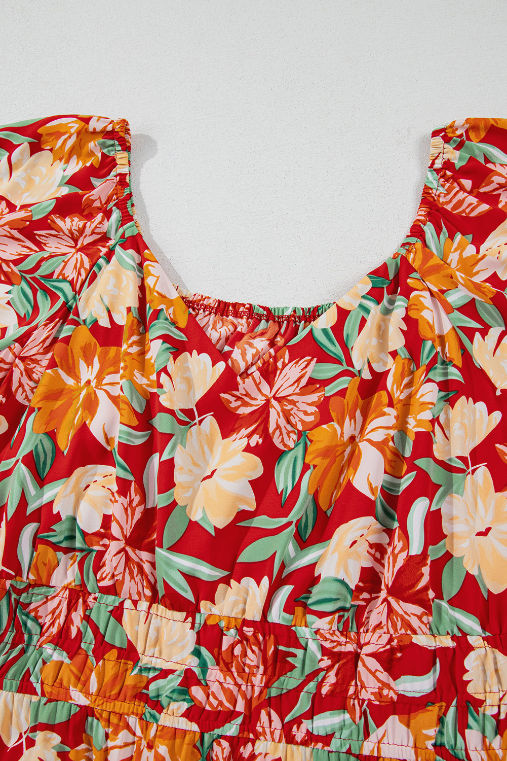 Orange Floral V Neck Flutter Sleeve Cinched Waist Long Plus Size Dress