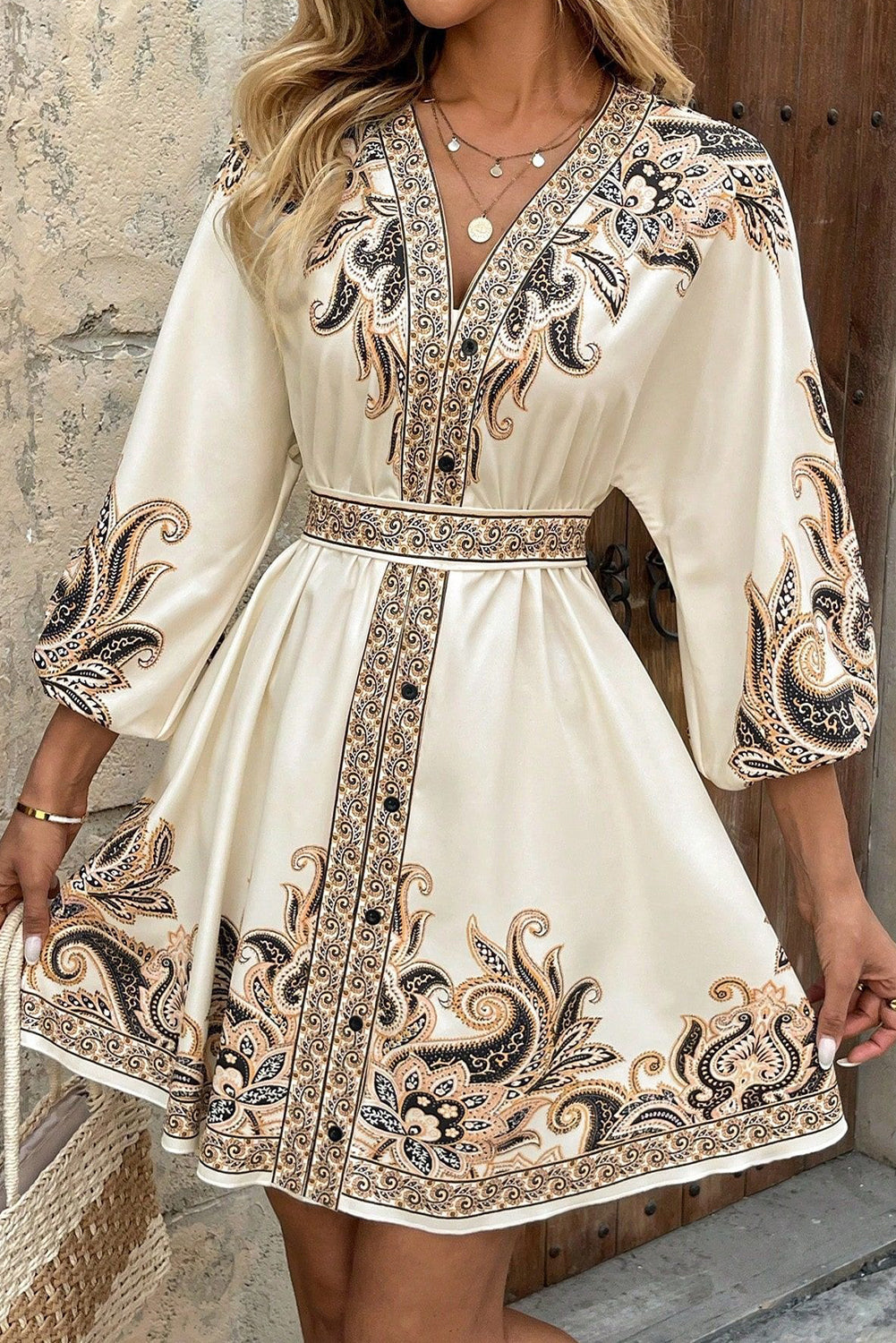 Beige Paisley Print V Neck Bracelet Sleeve Vacation Mini Dress
