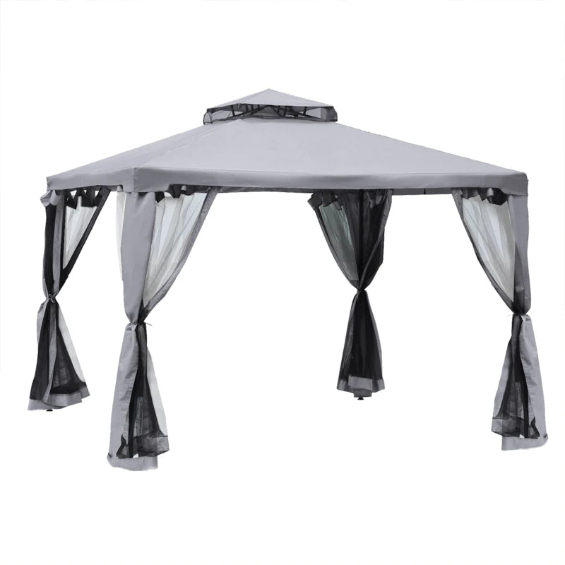 3 x 3 m Metal Gazebo with Double Roof and Mesh Sidewalls - Grey