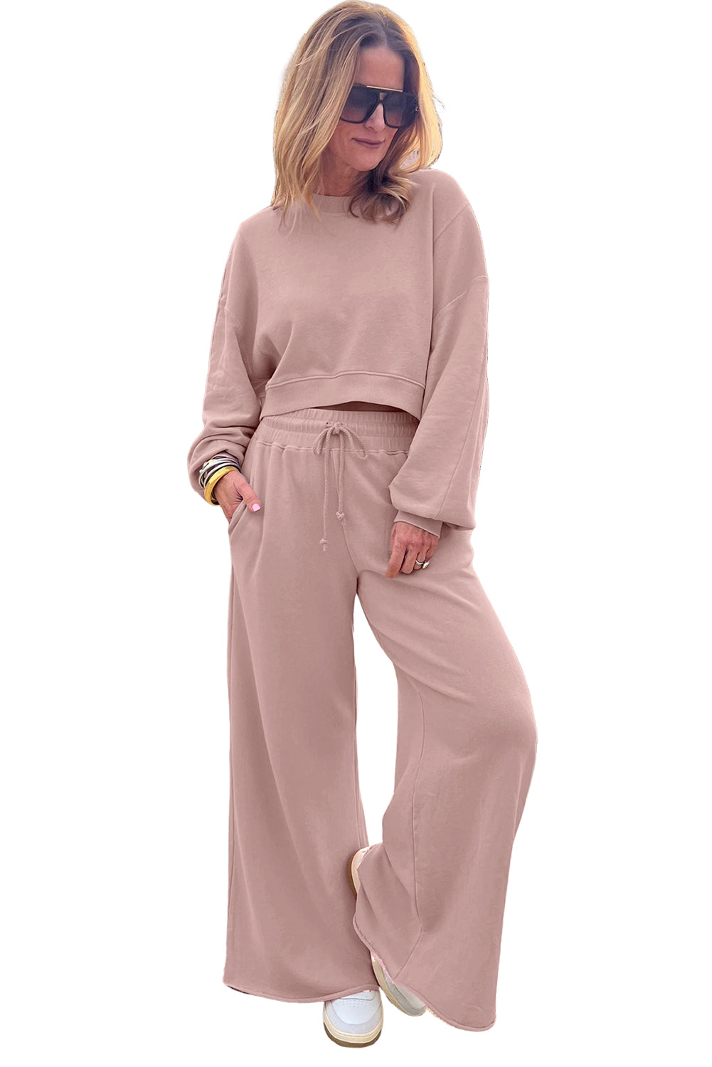 Drop Shoulder Crop Pullover Drawstring Wide Leg Trouser Set