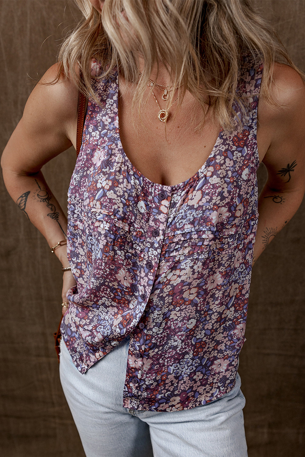 Boho Floral Pleated Button Front Sleeveless Top