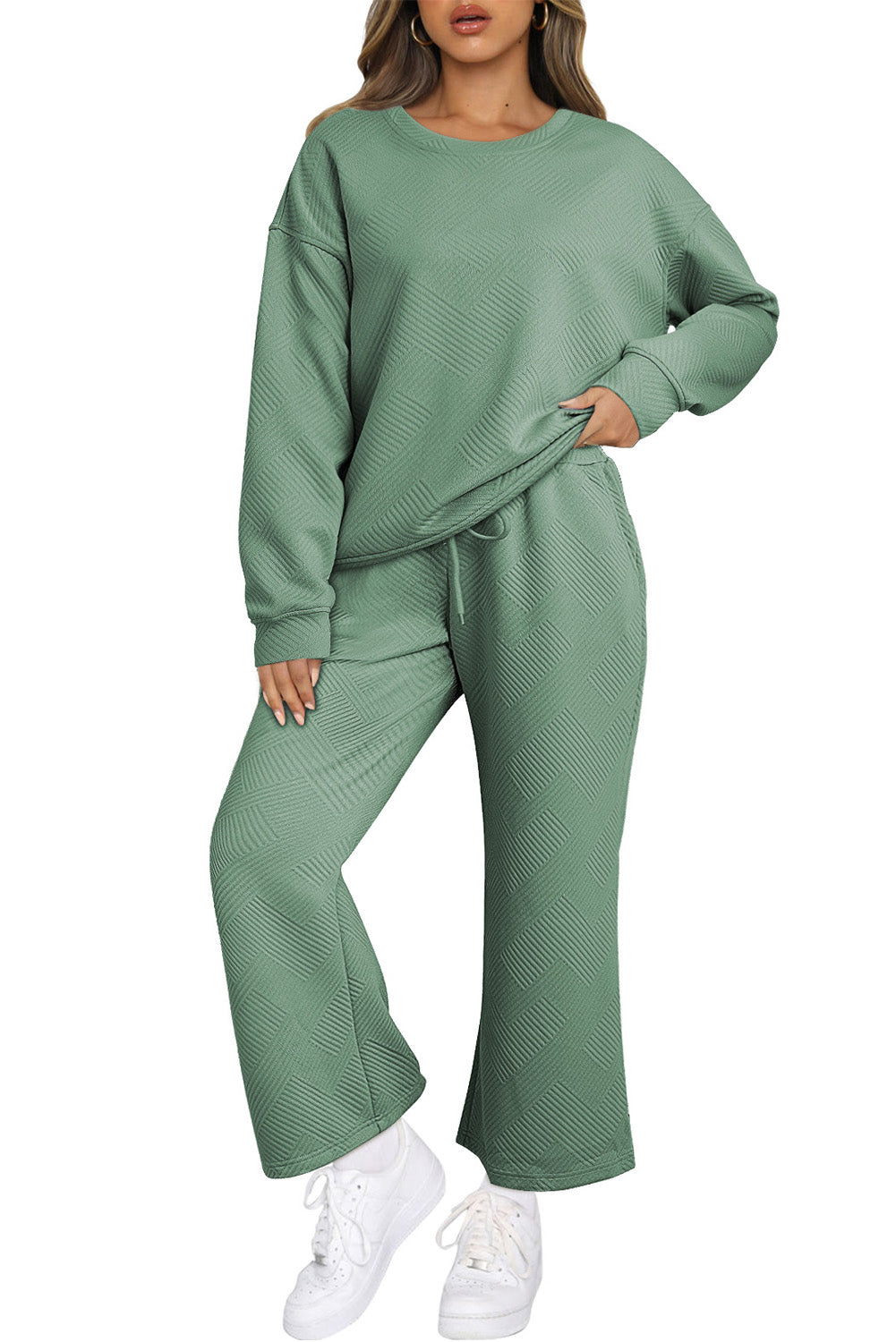 Textured Loose Slouchy Long Sleeve Top and Pants Set